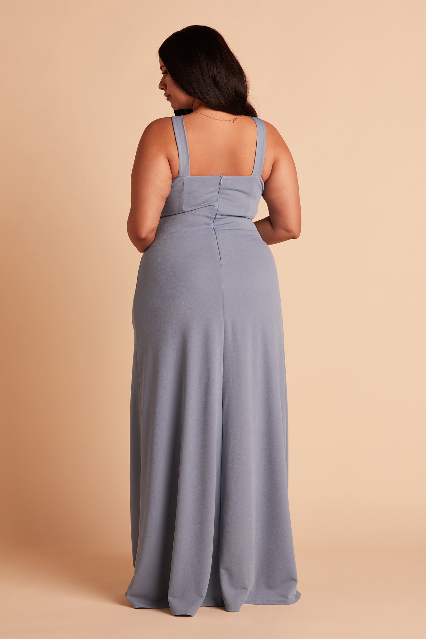 Gene plus size bridesmaid dress with slit in dusty blue crepe by Birdy Grey, front view