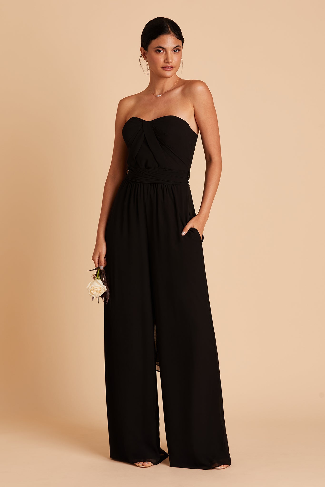 Gigi convertible jumpsuit in black chiffon by Birdy Grey, front view