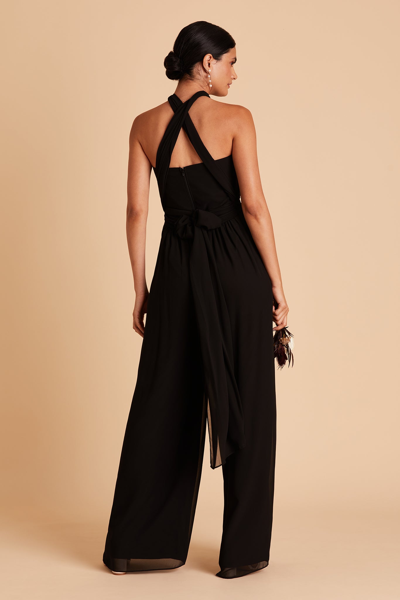 Gigi convertible jumpsuit in black chiffon by Birdy Grey, front view