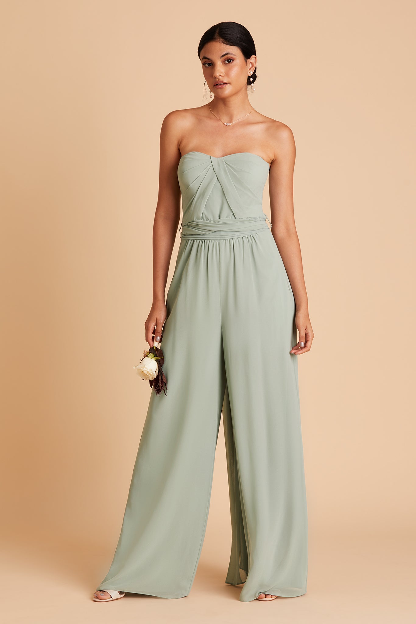 Gigi convertible jumpsuit in sage chiffon by Birdy Grey, front view