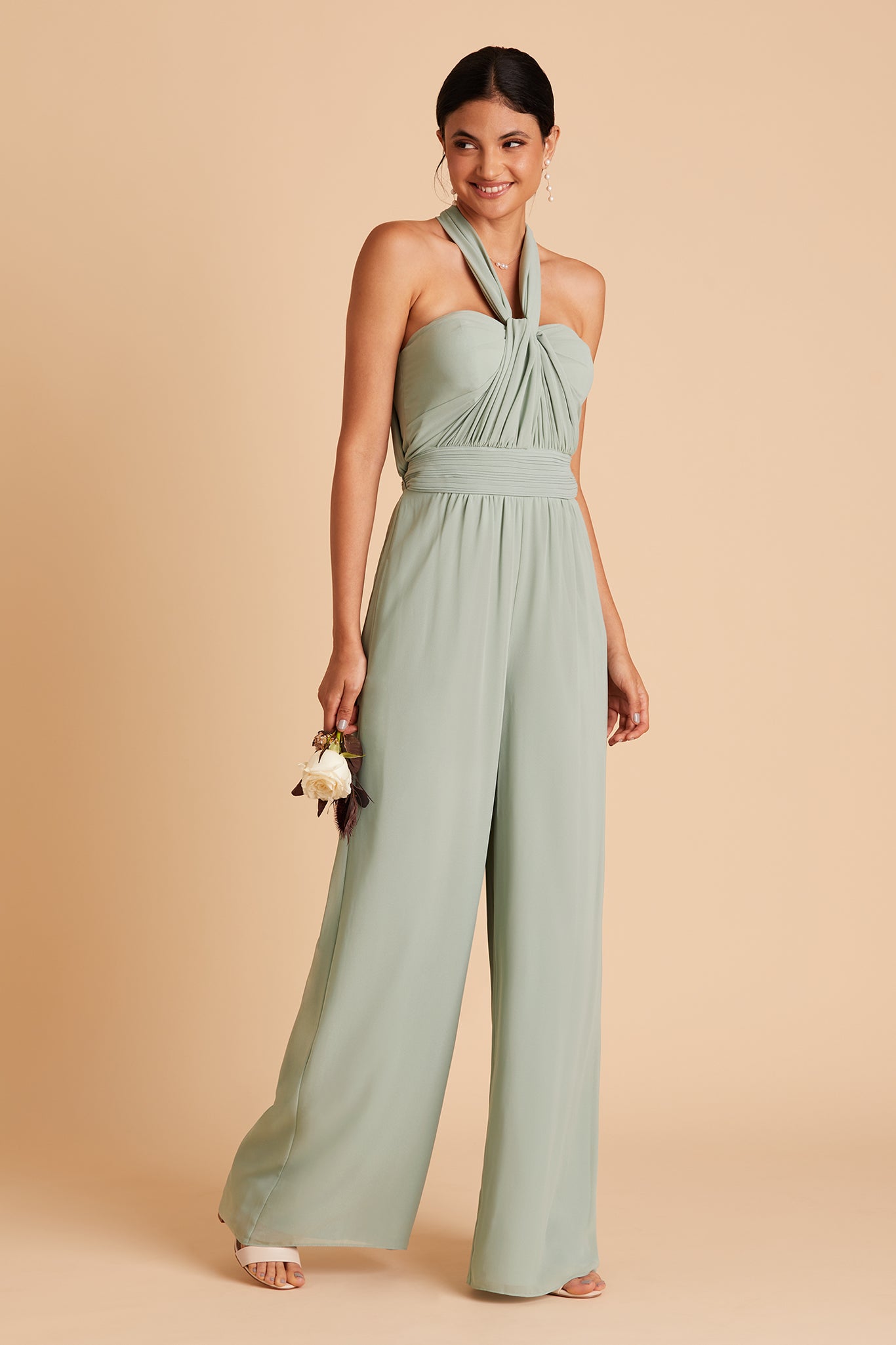 Gigi convertible jumpsuit in sage chiffon by Birdy Grey, front view