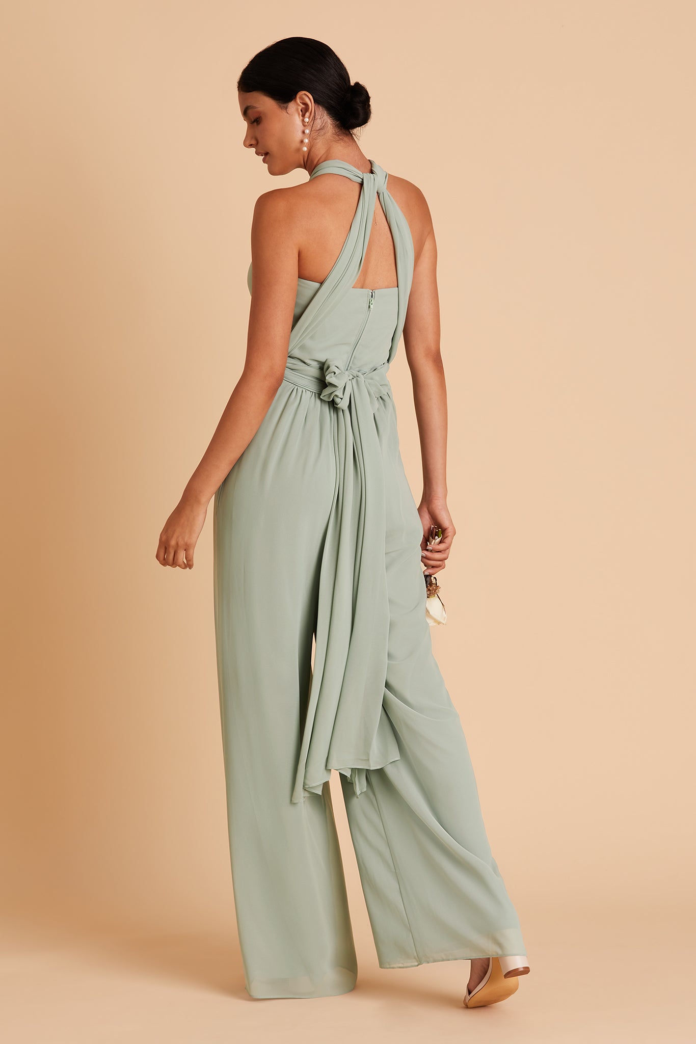 Gigi convertible jumpsuit in sage chiffon by Birdy Grey, back view