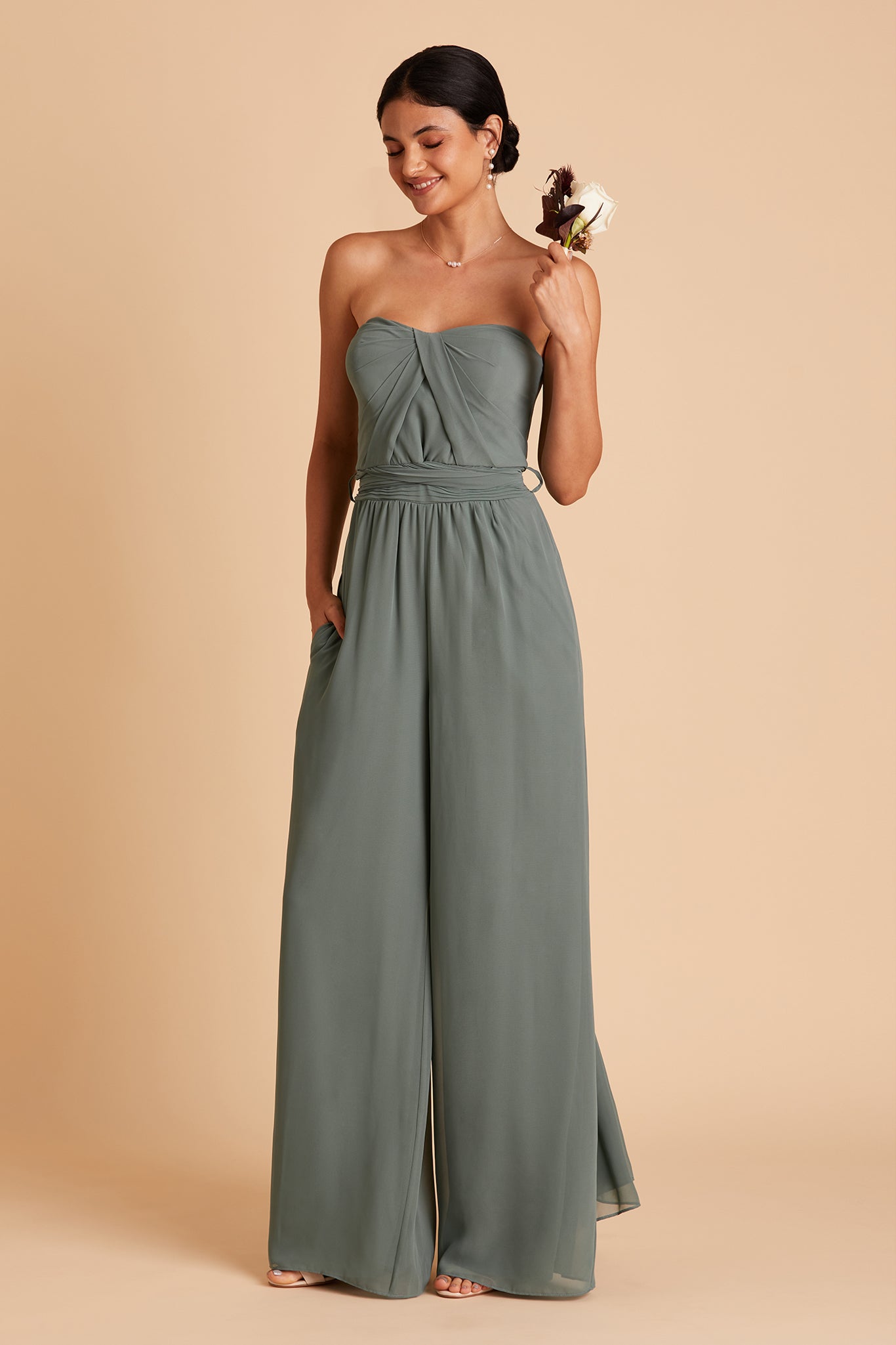 Gigi convertible jumpsuit in sea glass chiffon by Birdy Grey, front view