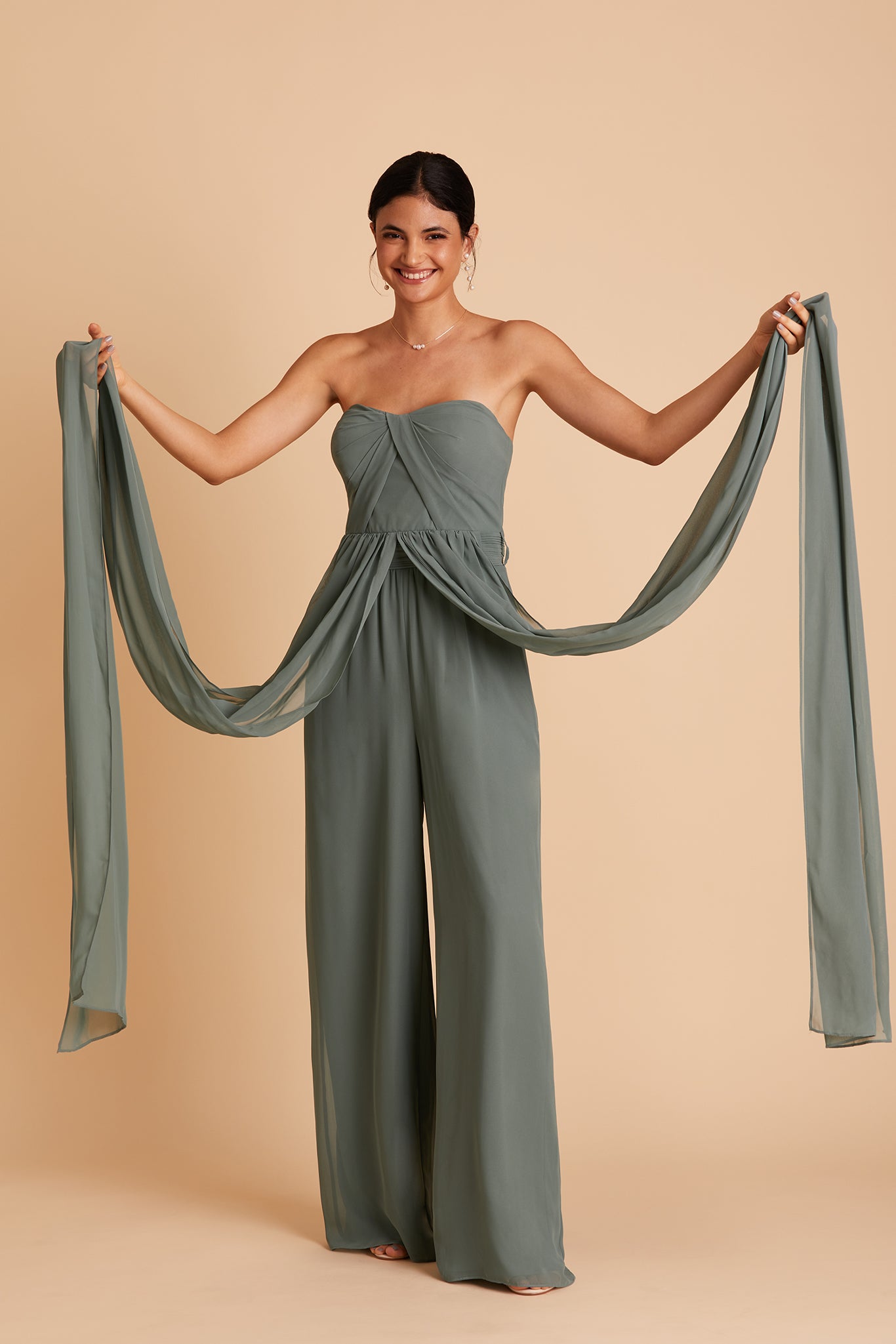 Gigi convertible jumpsuit in sea glass chiffon by Birdy Grey, front view