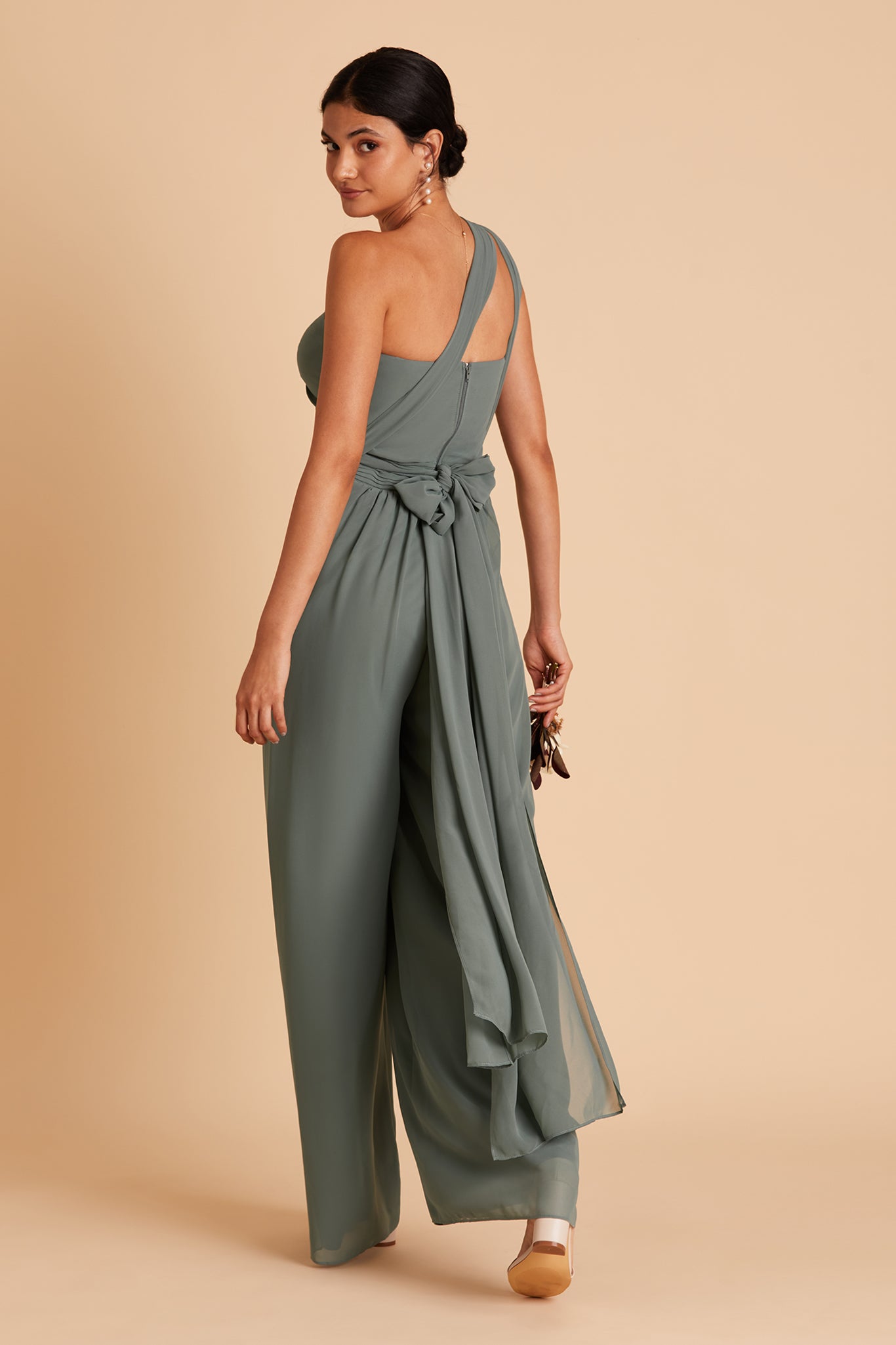 Gigi convertible jumpsuit in sea glass chiffon by Birdy Grey, back view