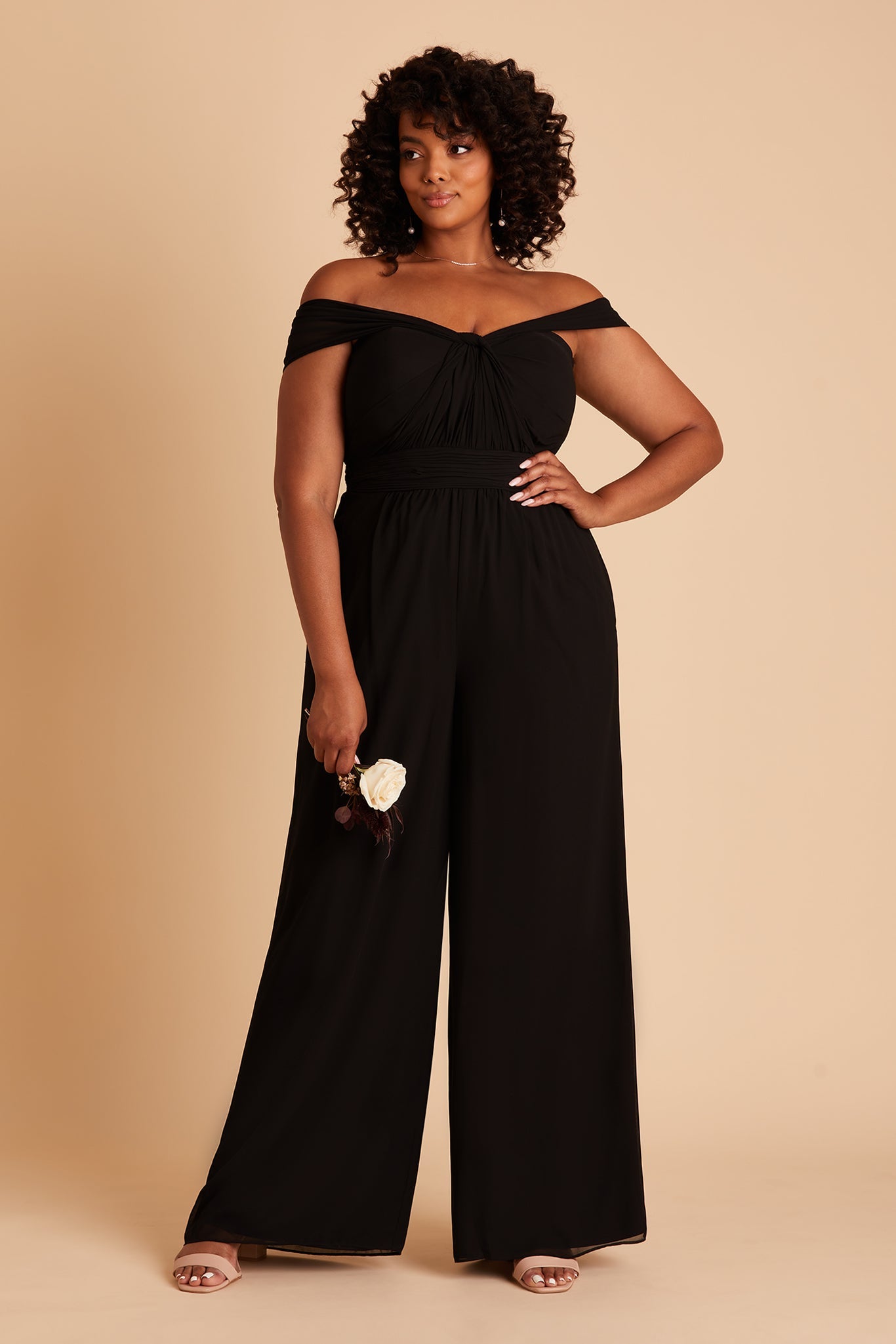 Gigi plus size convertible jumpsuit in black chiffon by Birdy Grey, front view
