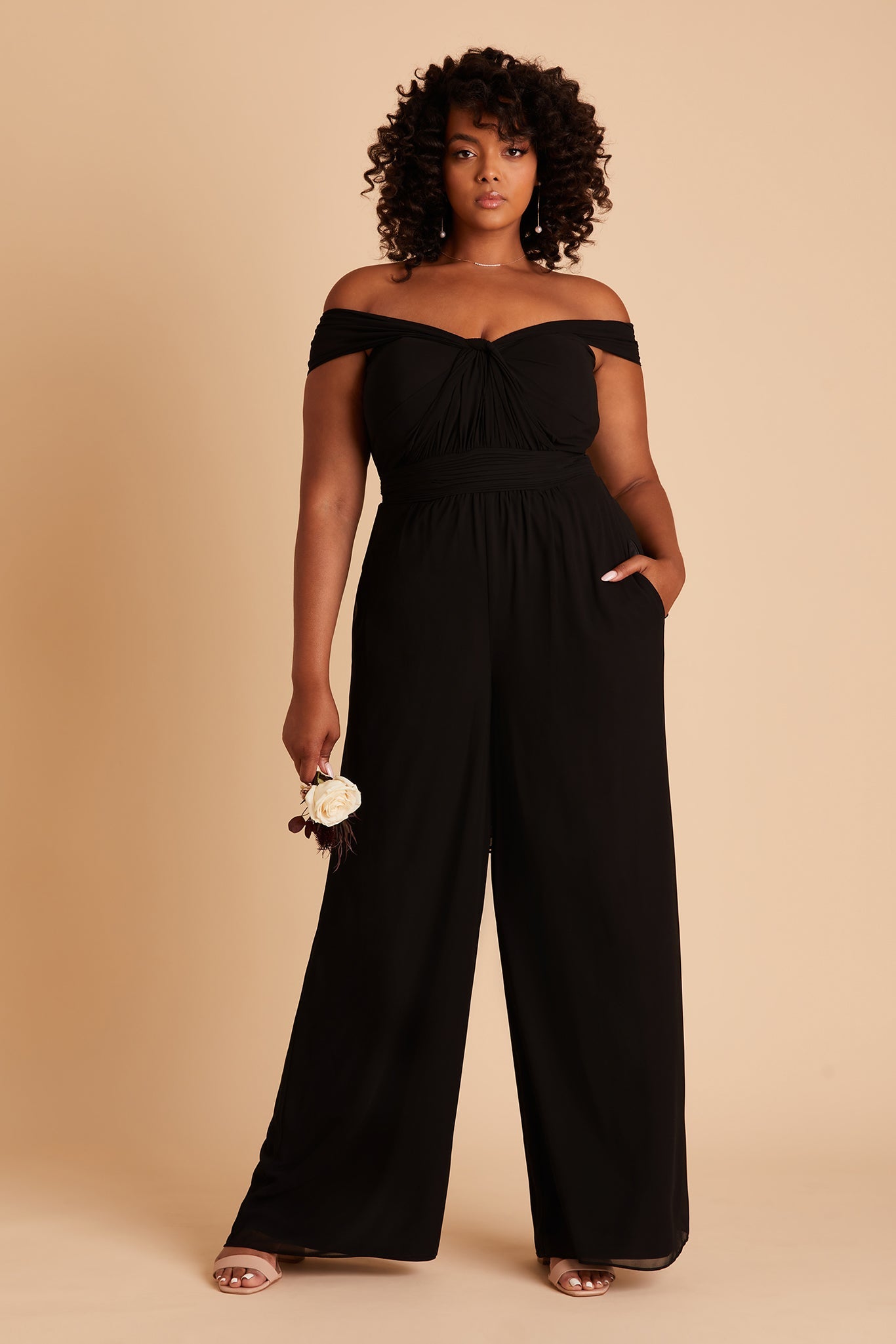 Gigi plus size convertible jumpsuit in black chiffon by Birdy Grey, front view