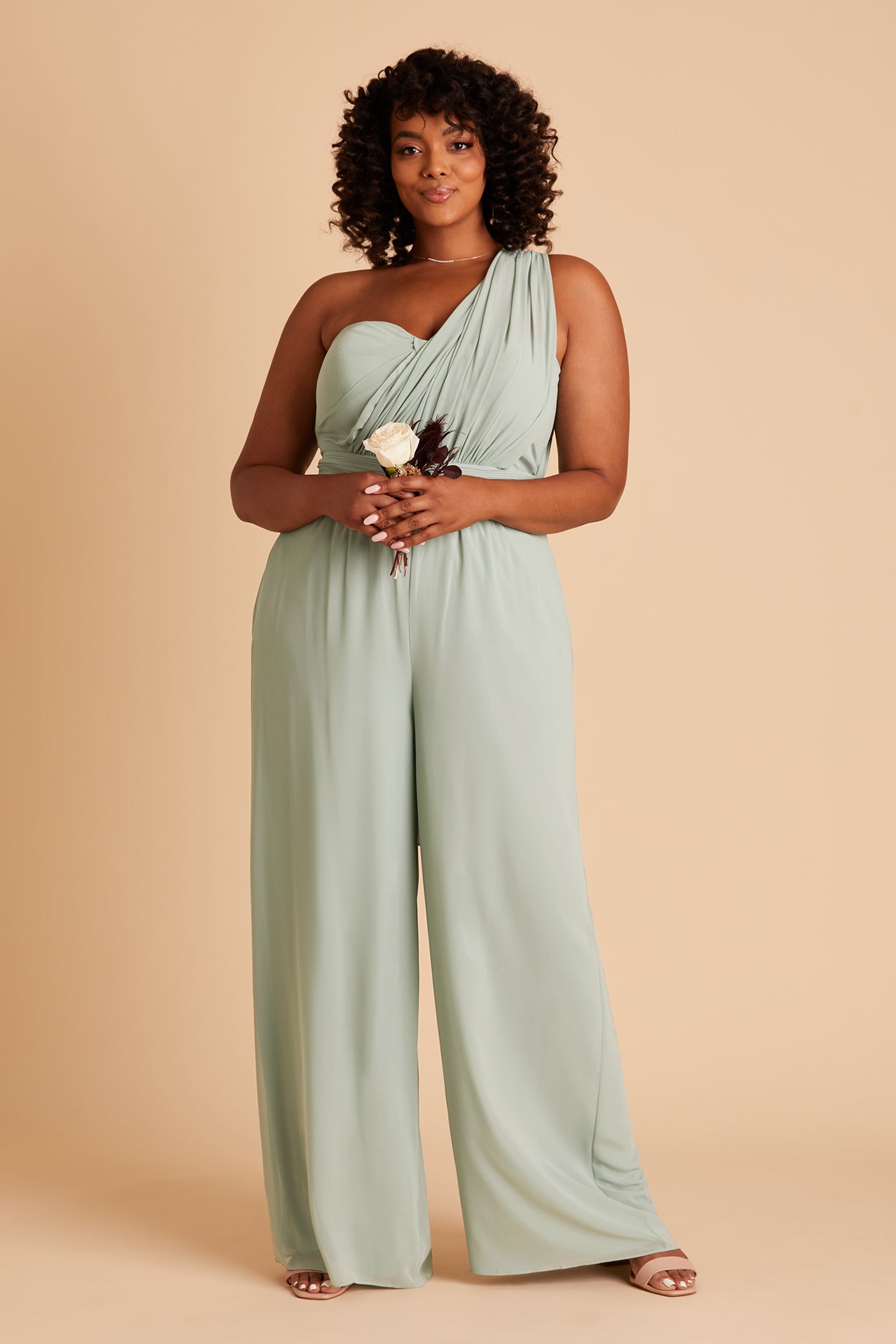 Gigi plus size convertible jumpsuit in sage chiffon by Birdy Grey, front view