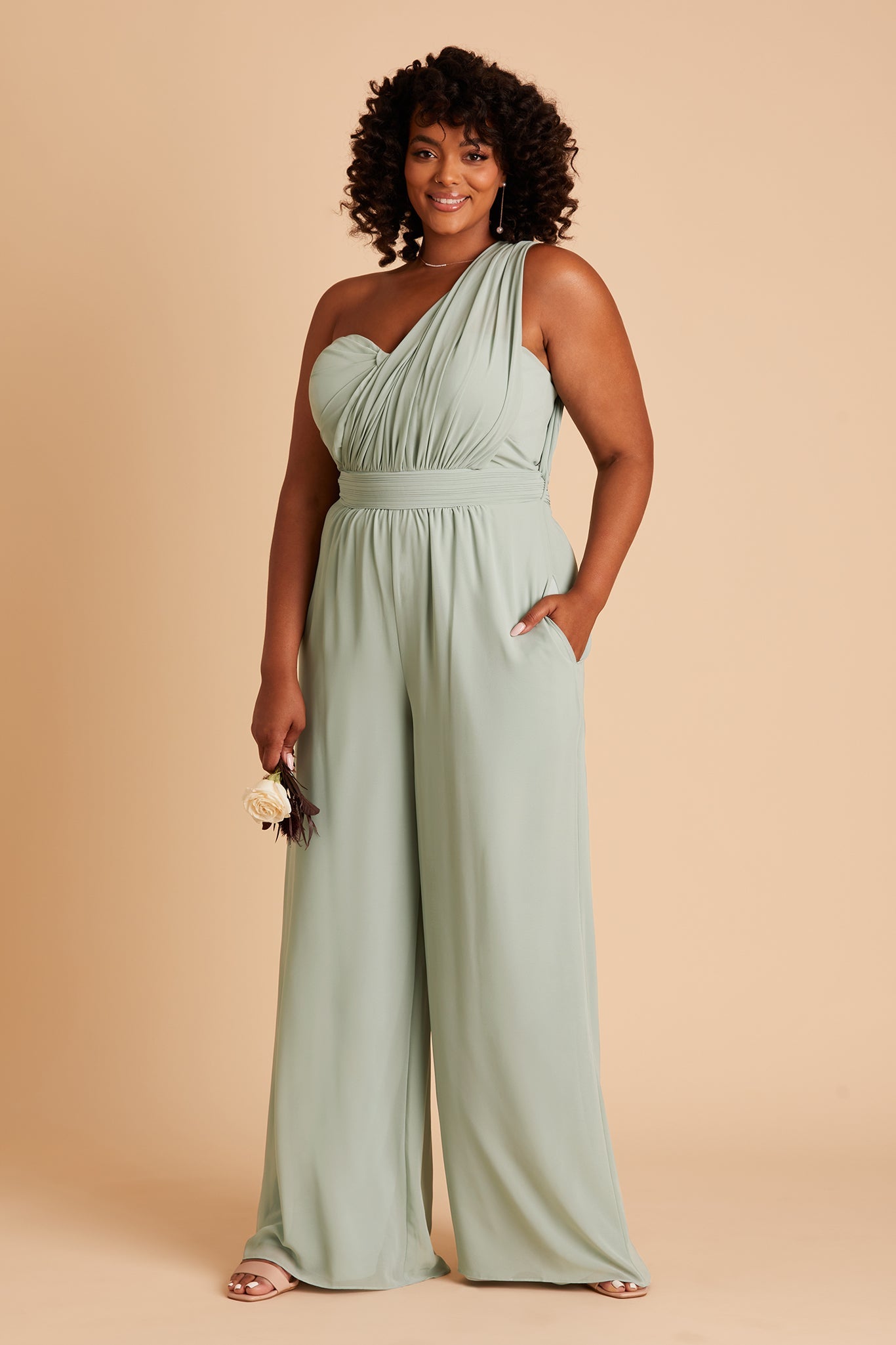 Gigi plus size convertible jumpsuit in sage chiffon by Birdy Grey, front view