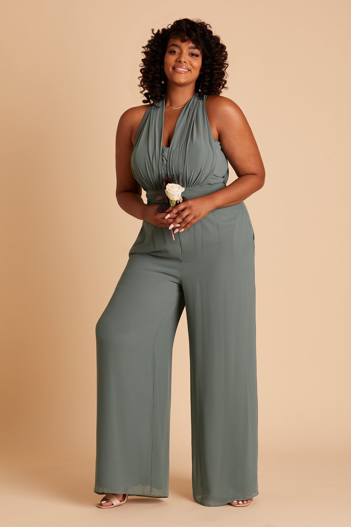 Gigi plus size convertible jumpsuit in sea glass chiffon by Birdy Grey, front view