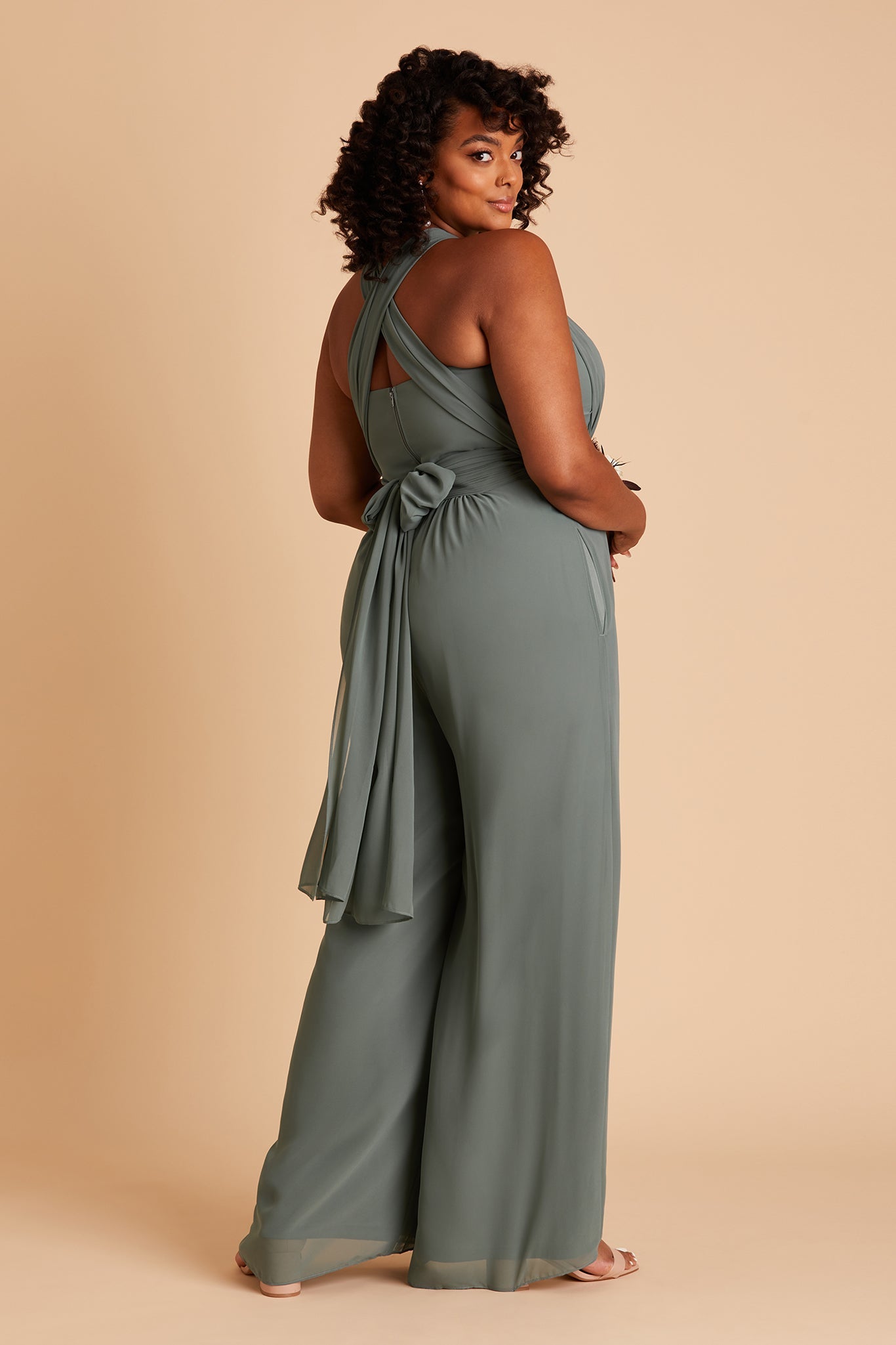 Gigi plus size convertible jumpsuit in sea glass chiffon by Birdy Grey, back view