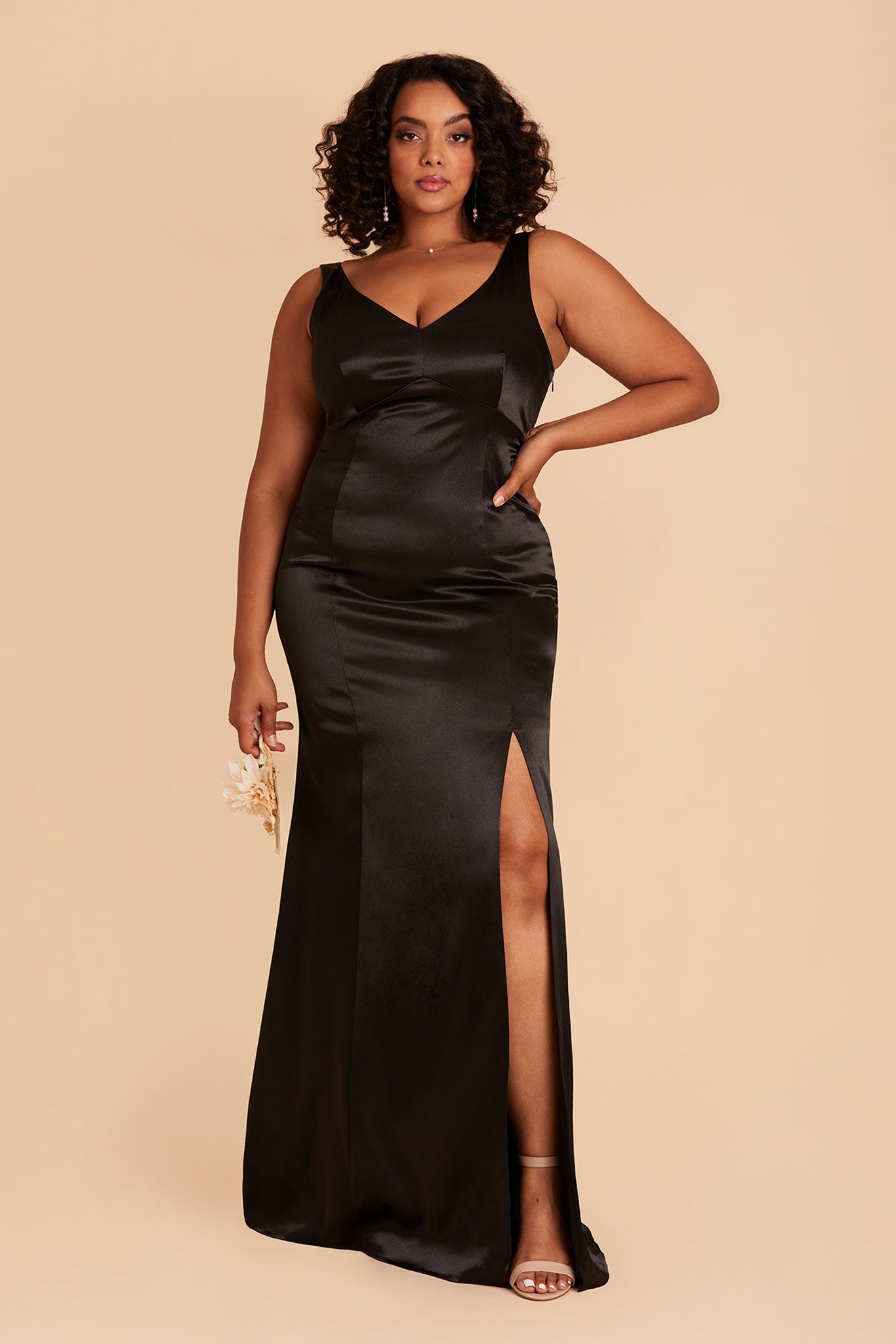 Gloria plus size bridesmaid dress with slit in black satin by Birdy Grey, front view