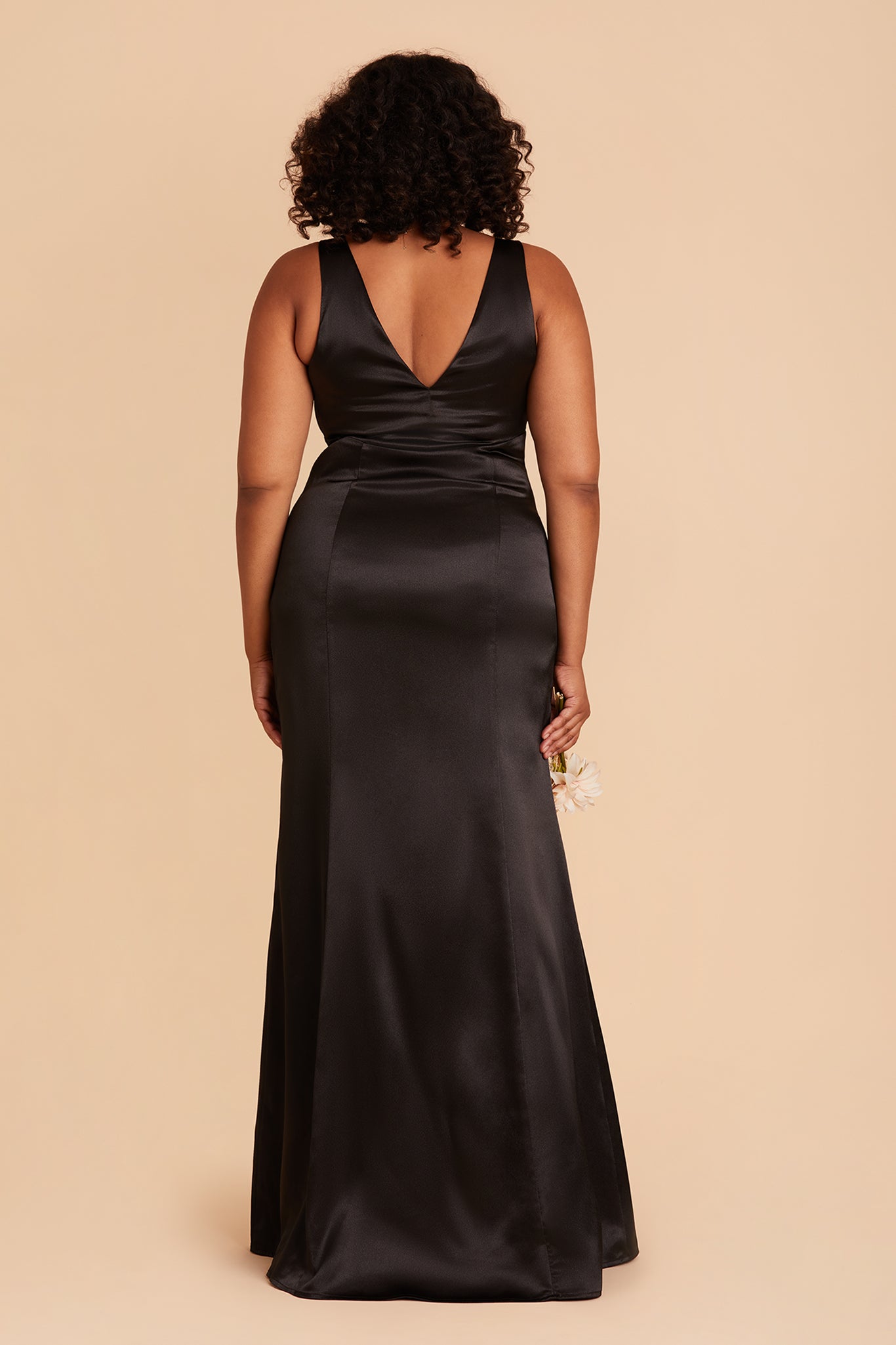 Gloria plus size bridesmaid dress with slit in black satin by Birdy Grey, back view