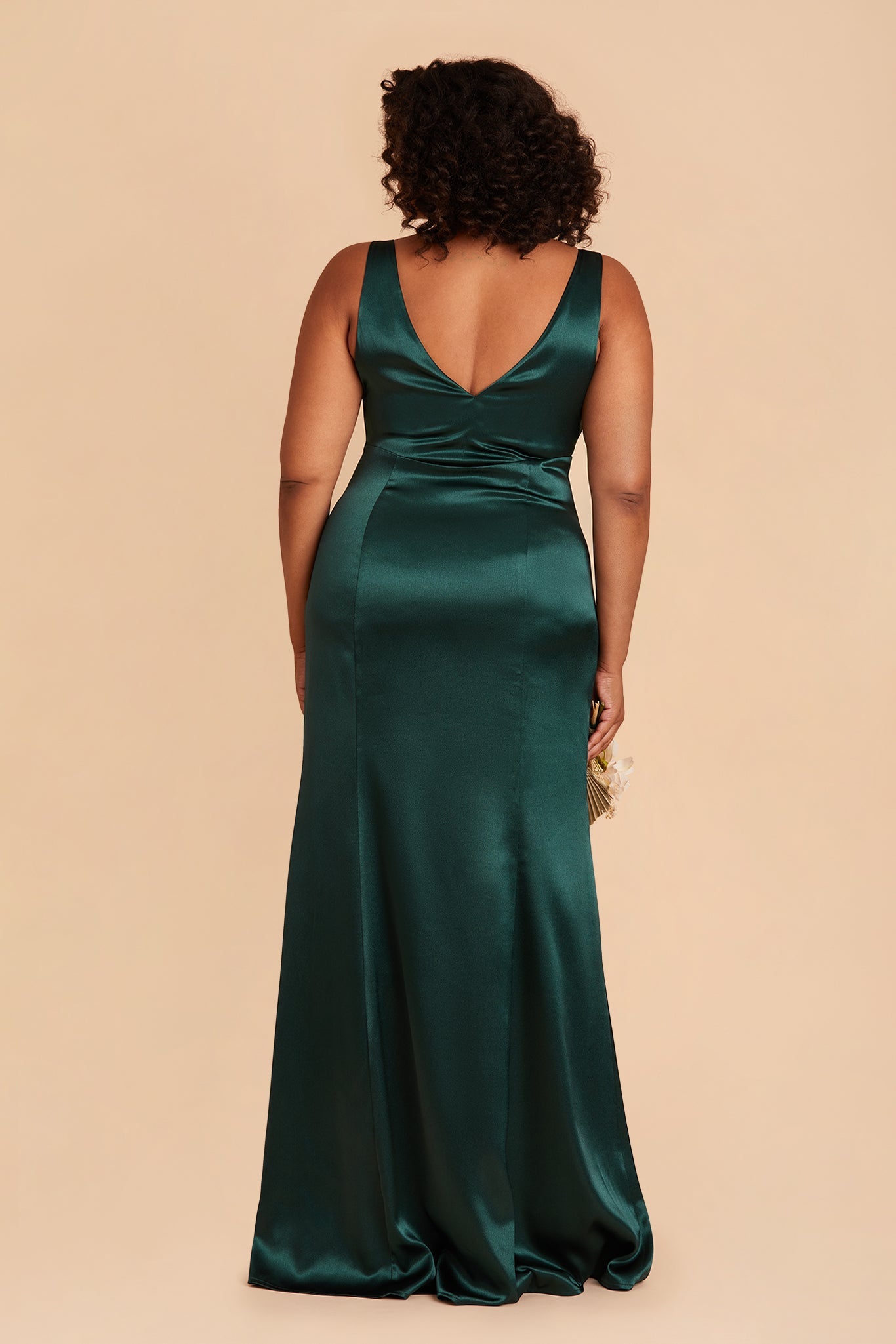 Gloria plus size bridesmaid dress with slit in emerald satin by Birdy Grey, back view