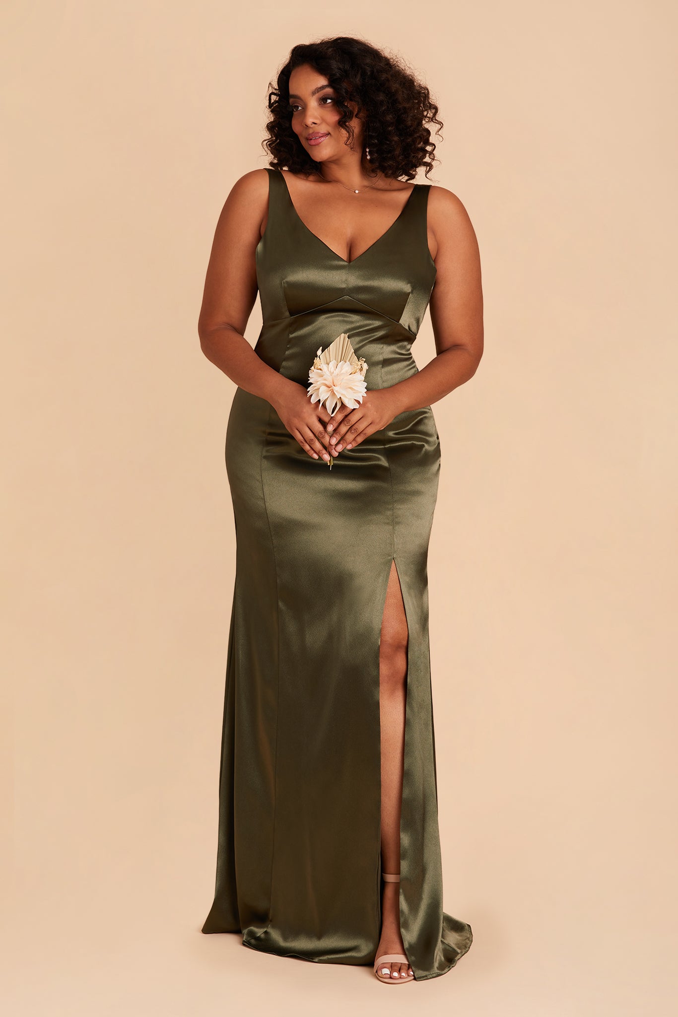 Gloria plus size bridesmaid dress with slit in olive satin by Birdy Grey, front view