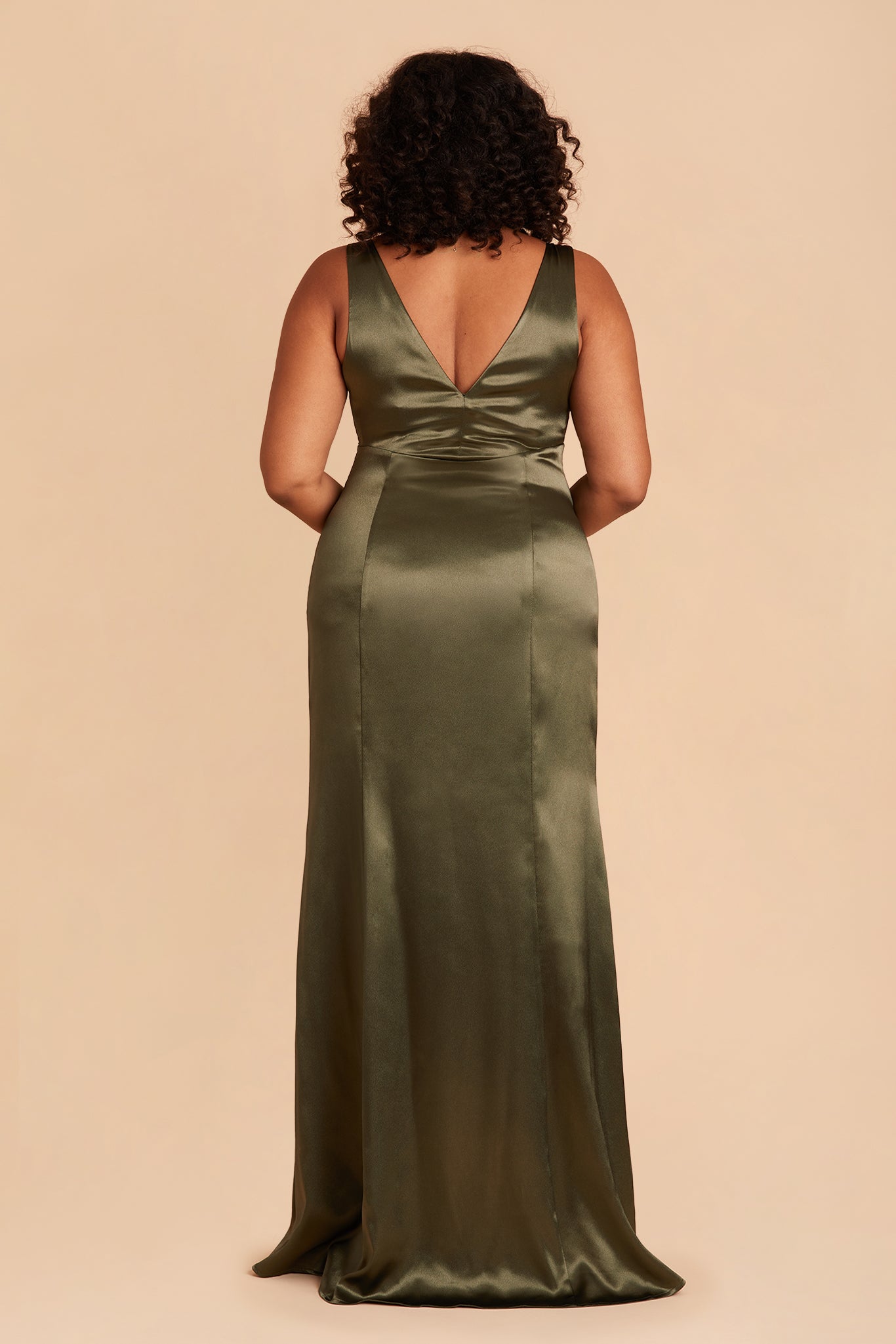Gloria plus size bridesmaid dress with slit in olive satin by Birdy Grey, back view