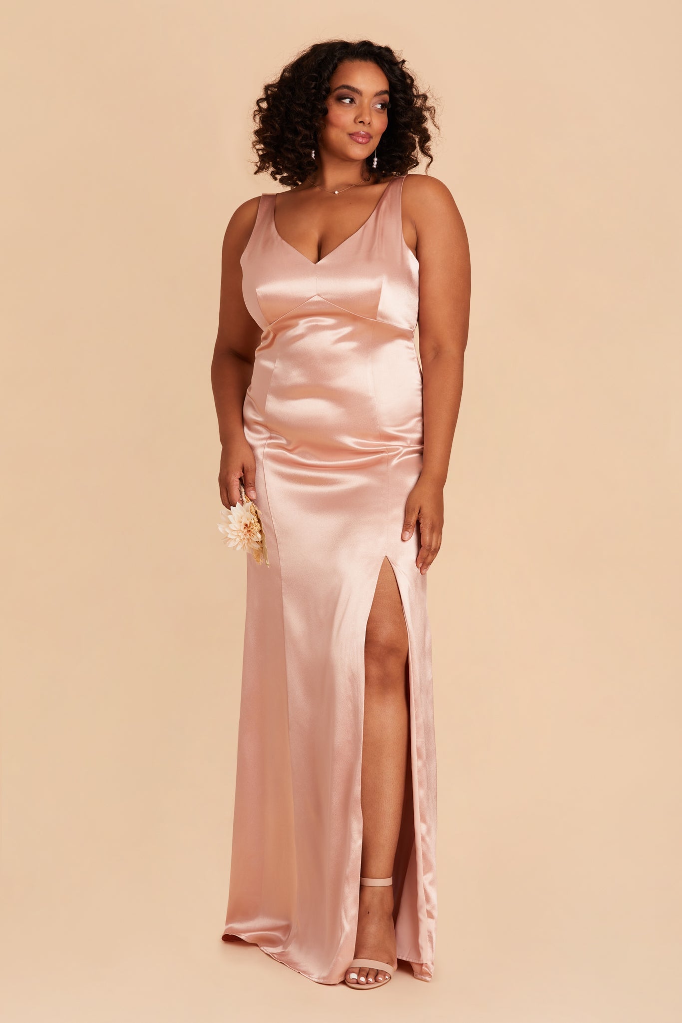 Gloria plus size bridesmaid dress with slit in rose gold satin by Birdy Grey, front view