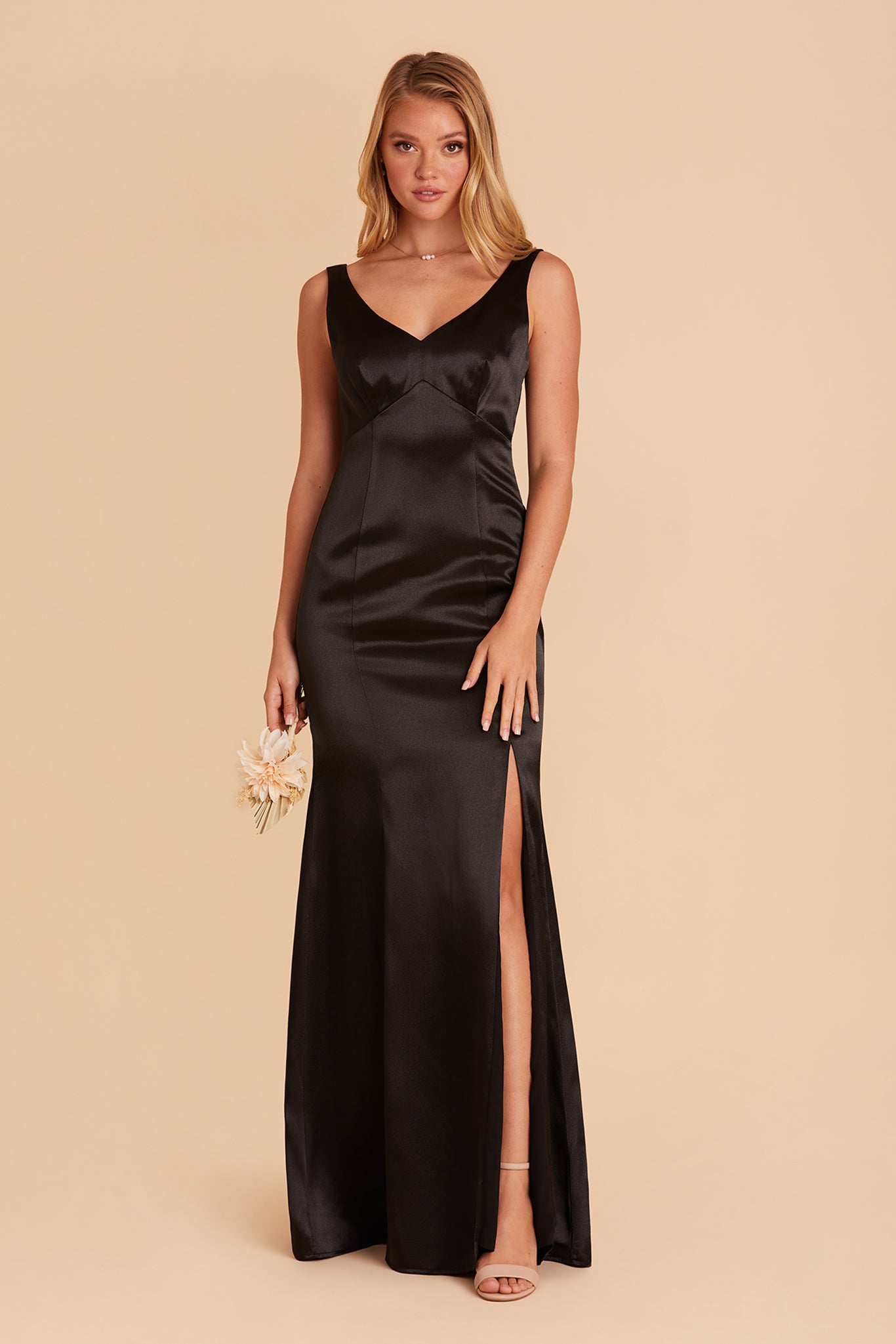 Gloria bridesmaid dress with slit in black satin by Birdy Grey, front view