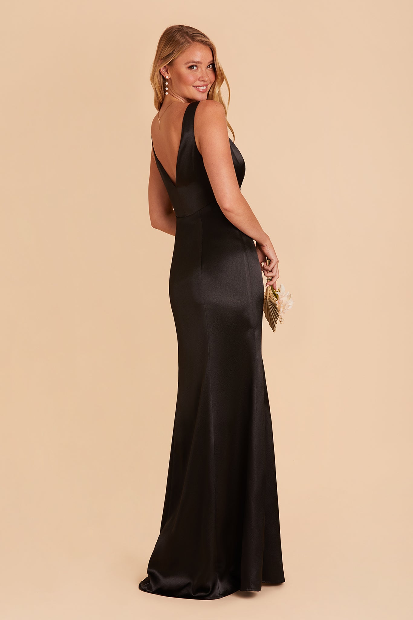 Gloria bridesmaid dress with slit in black satin by Birdy Grey, side view