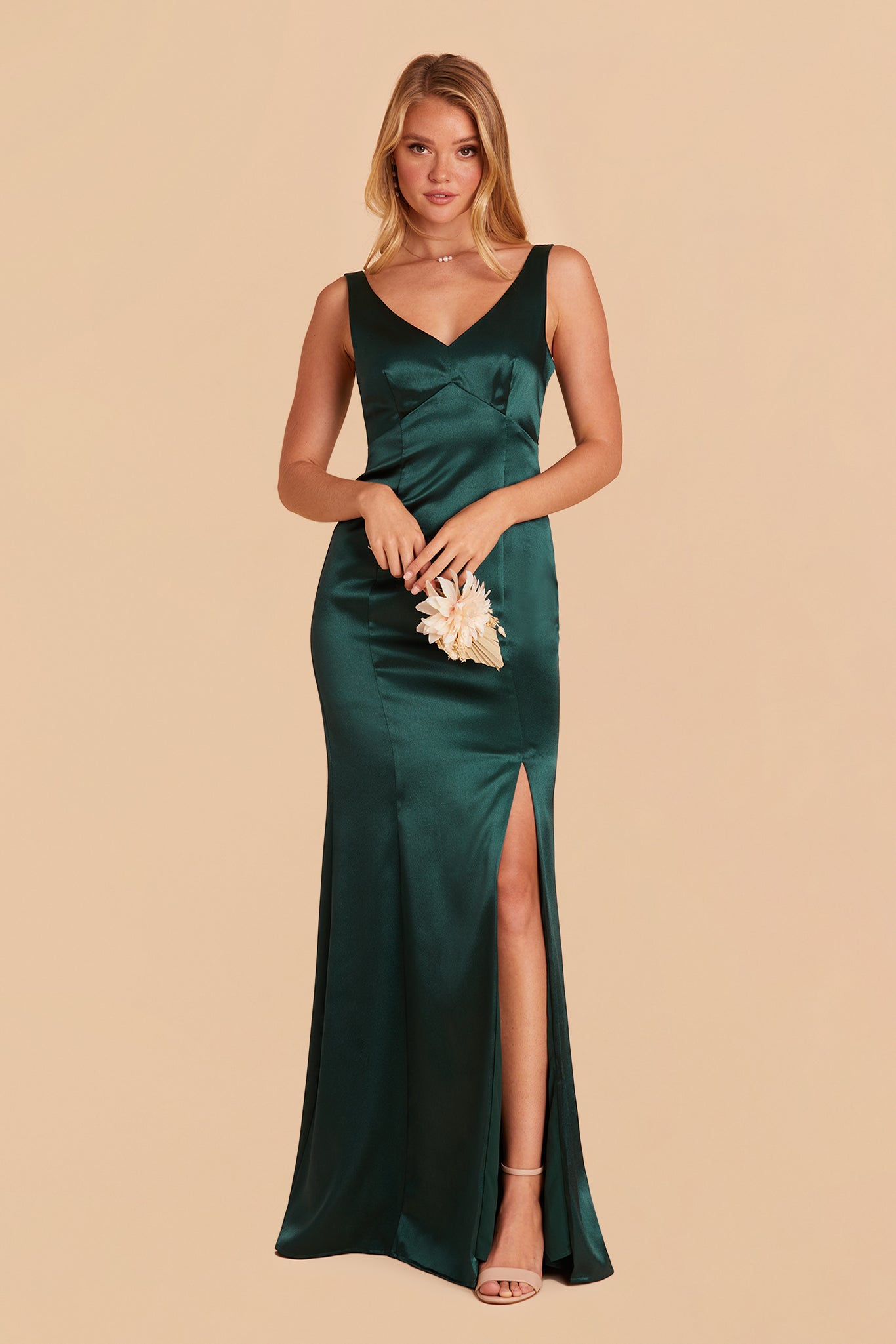 Gloria bridesmaid dress with slit in emerald satin by Birdy Grey, front view