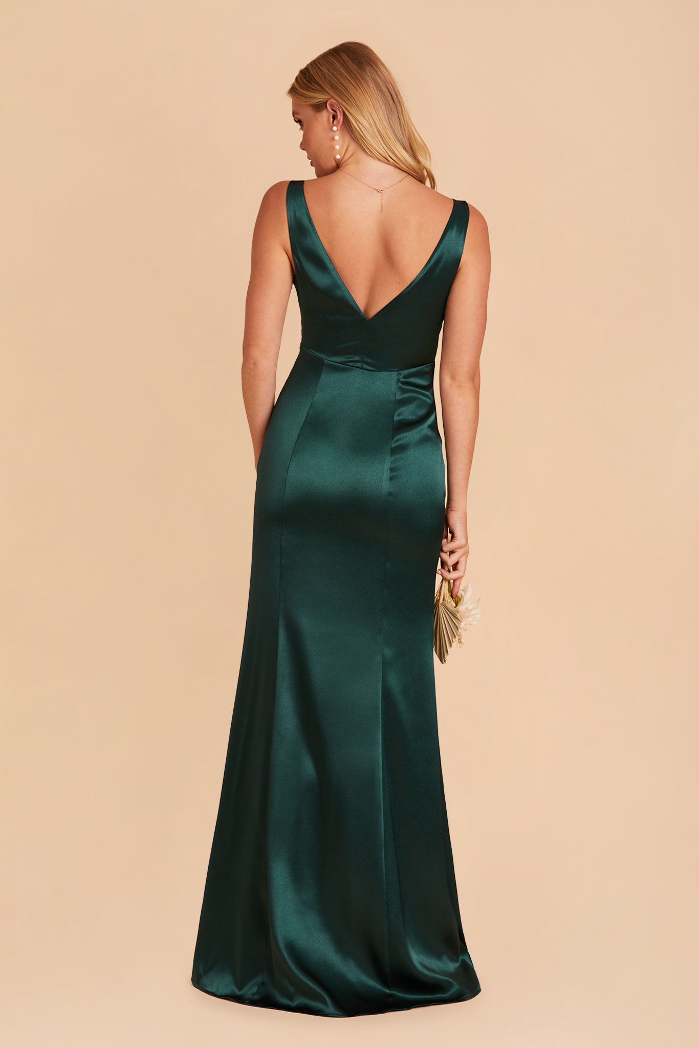 Gloria bridesmaid dress with slit in emerald satin by Birdy Grey, back view