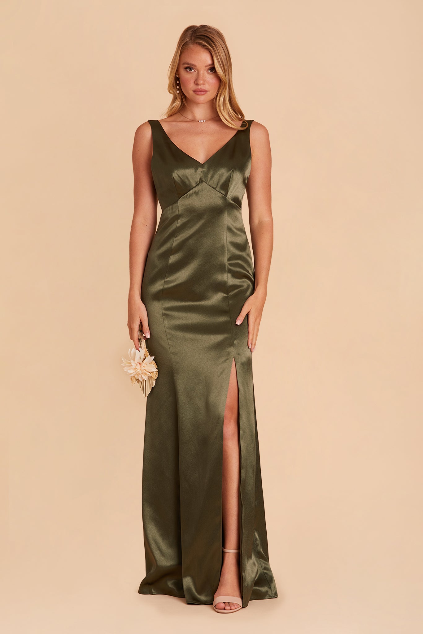 Gloria bridesmaid dress with slit in olive satin by Birdy Grey, front view