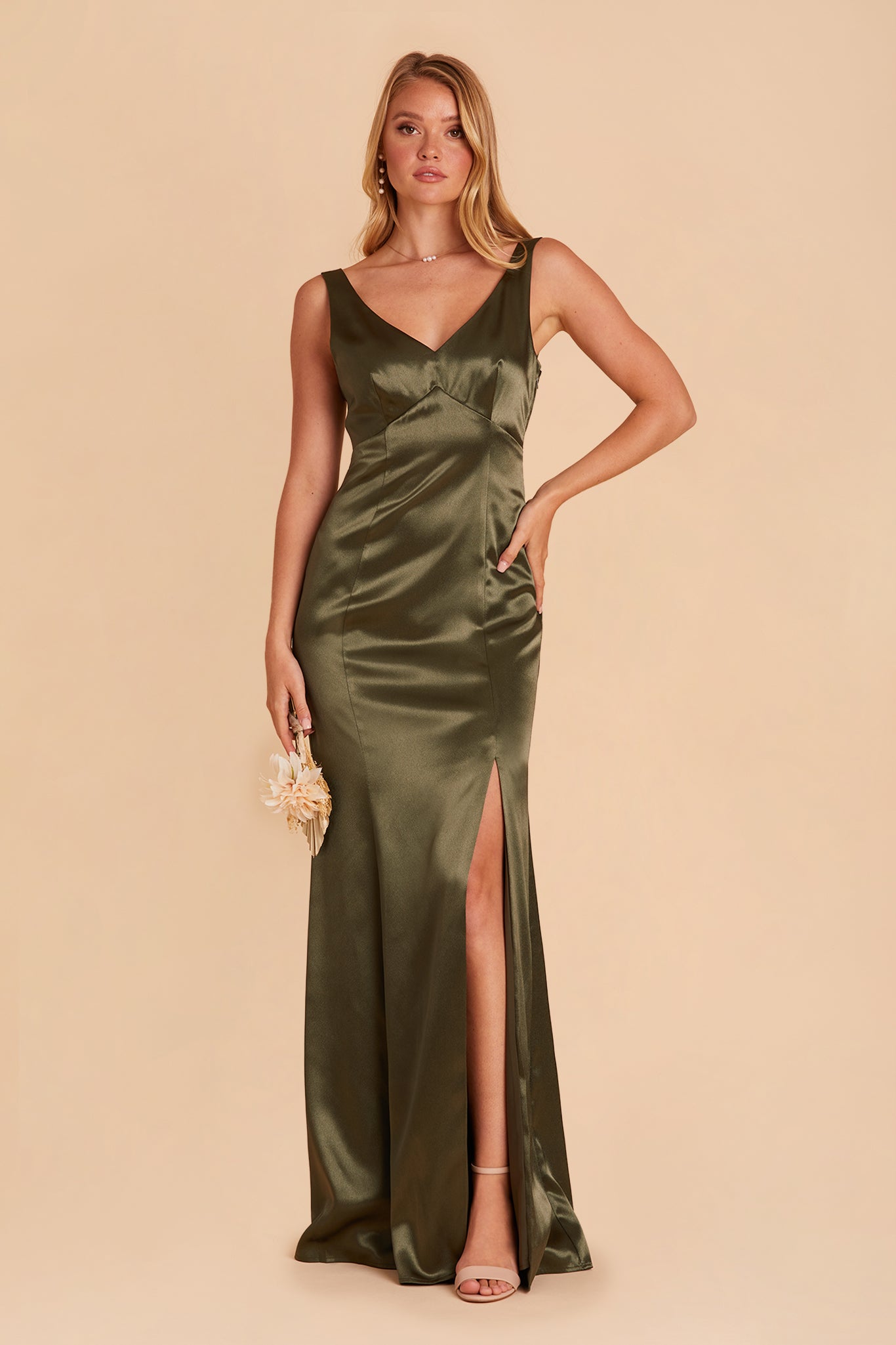 Gloria bridesmaid dress with slit in olive satin by Birdy Grey, front view