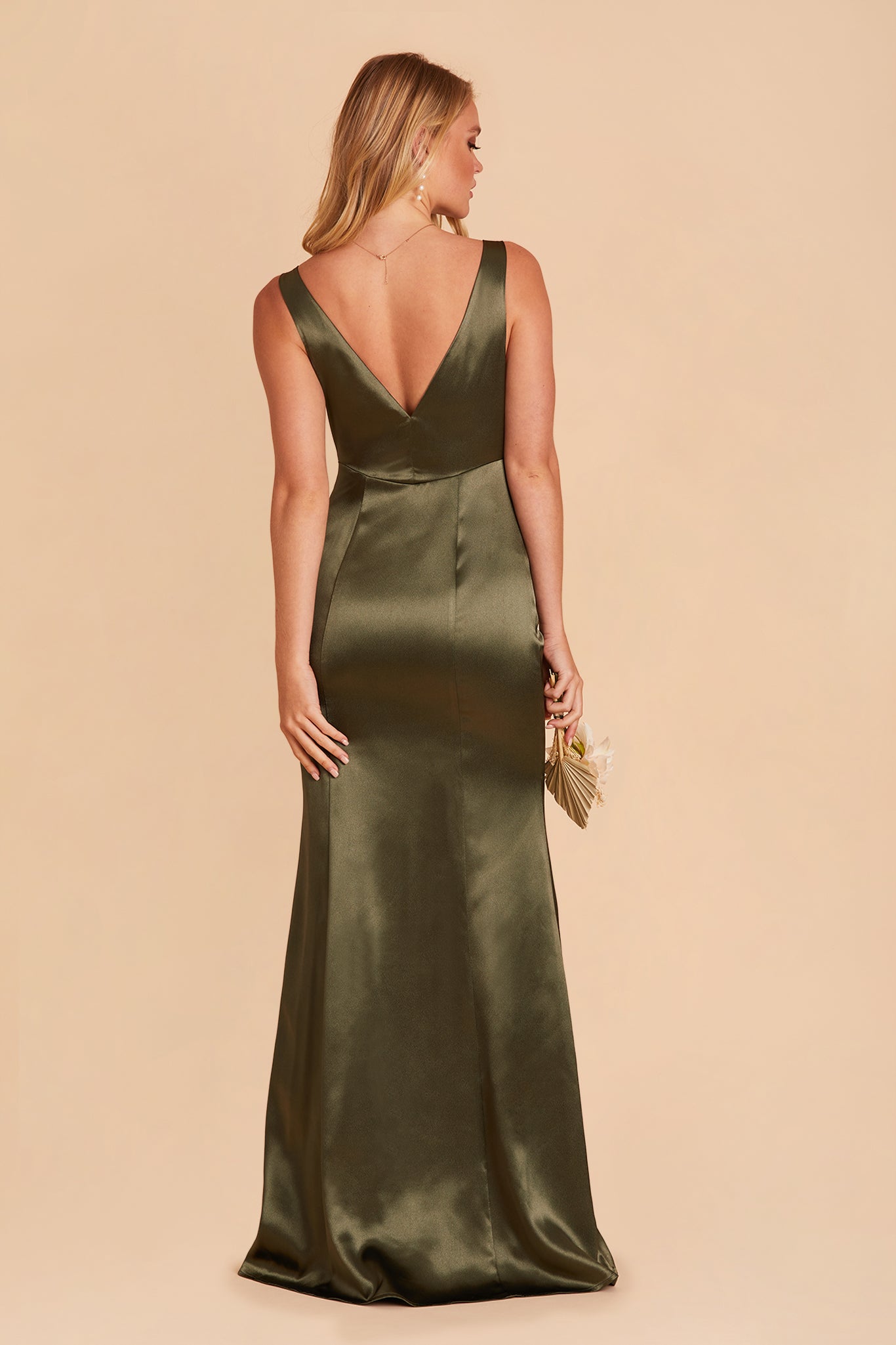 Gloria bridesmaid dress with slit in olive satin by Birdy Grey, back view