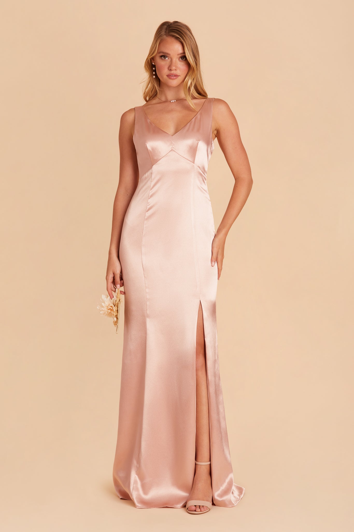 Gloria bridesmaid dress with slit in rose gold satin by Birdy Grey, front view