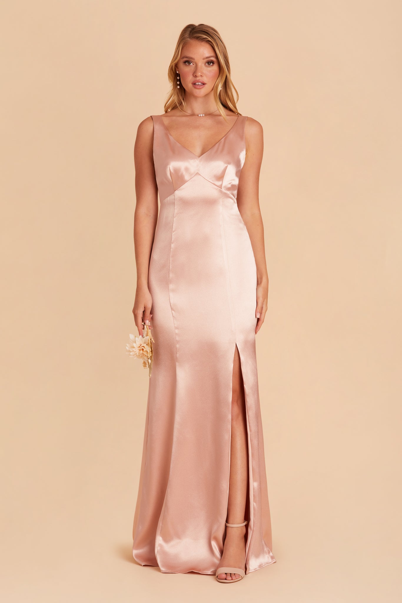 Gloria bridesmaid dress with slit in rose gold satin by Birdy Grey, front view