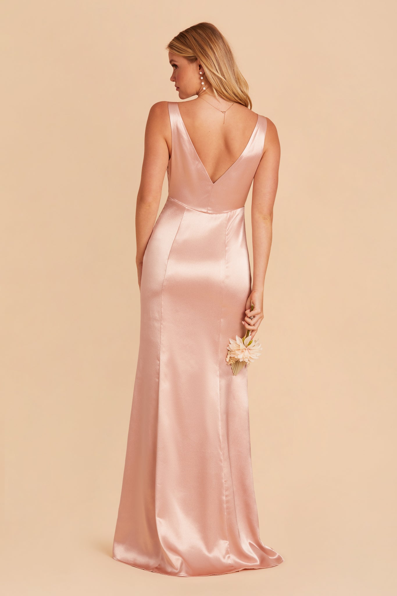 Gloria bridesmaid dress with slit in rose gold satin by Birdy Grey, back view