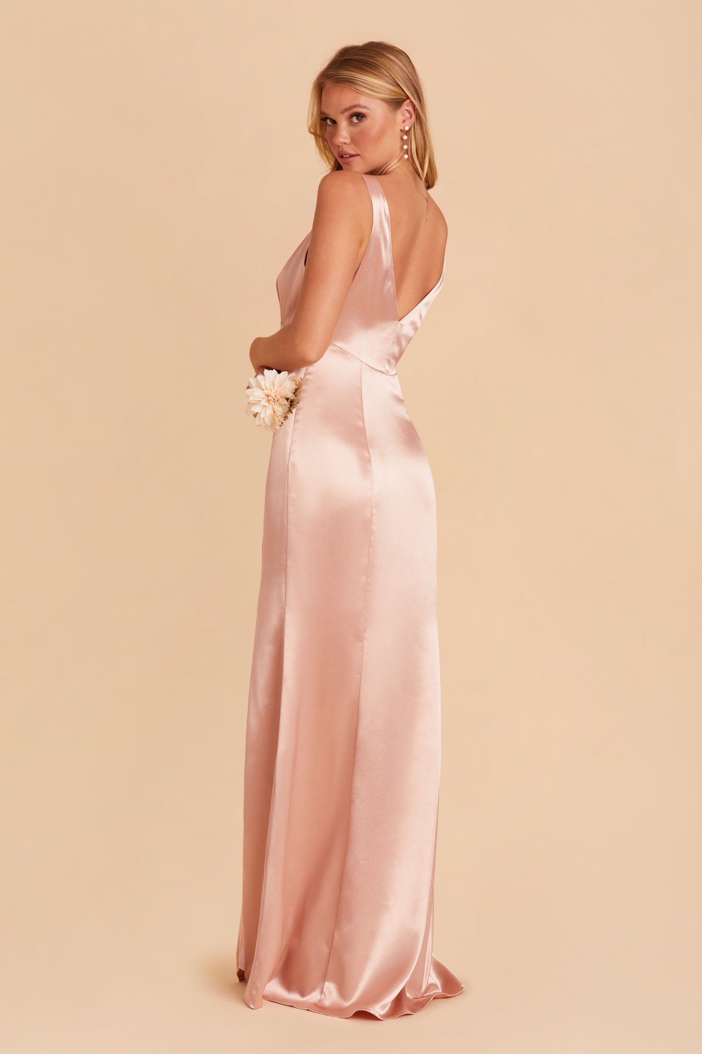 Gloria bridesmaid dress with slit in rose gold satin by Birdy Grey, side view
