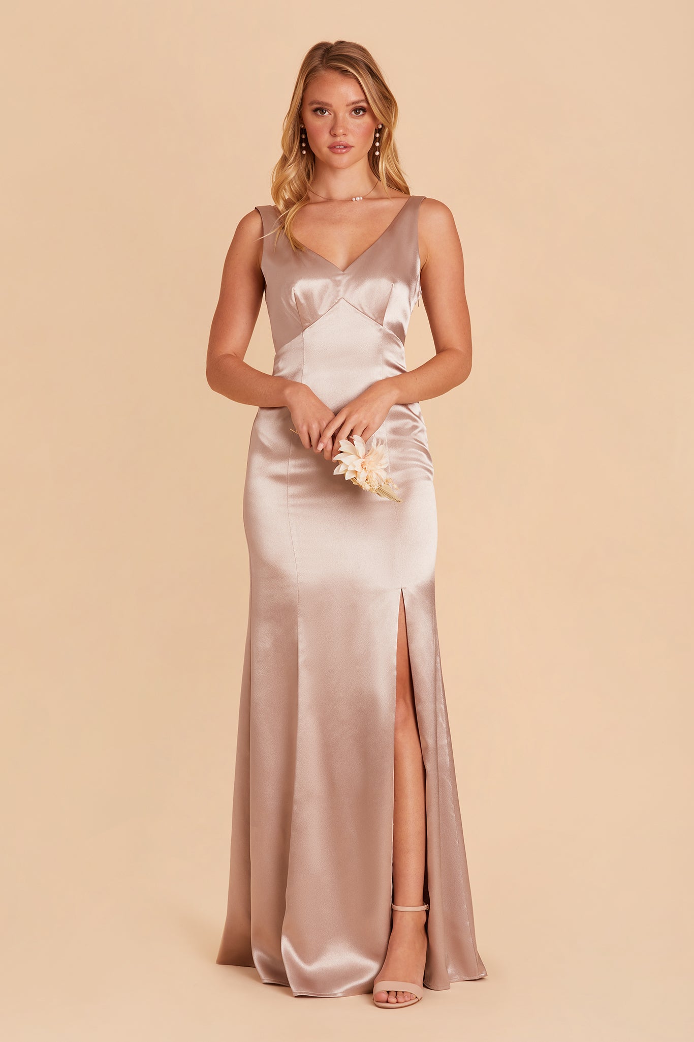 Gloria bridesmaid dress with slit in taupe satin by Birdy Grey, front view