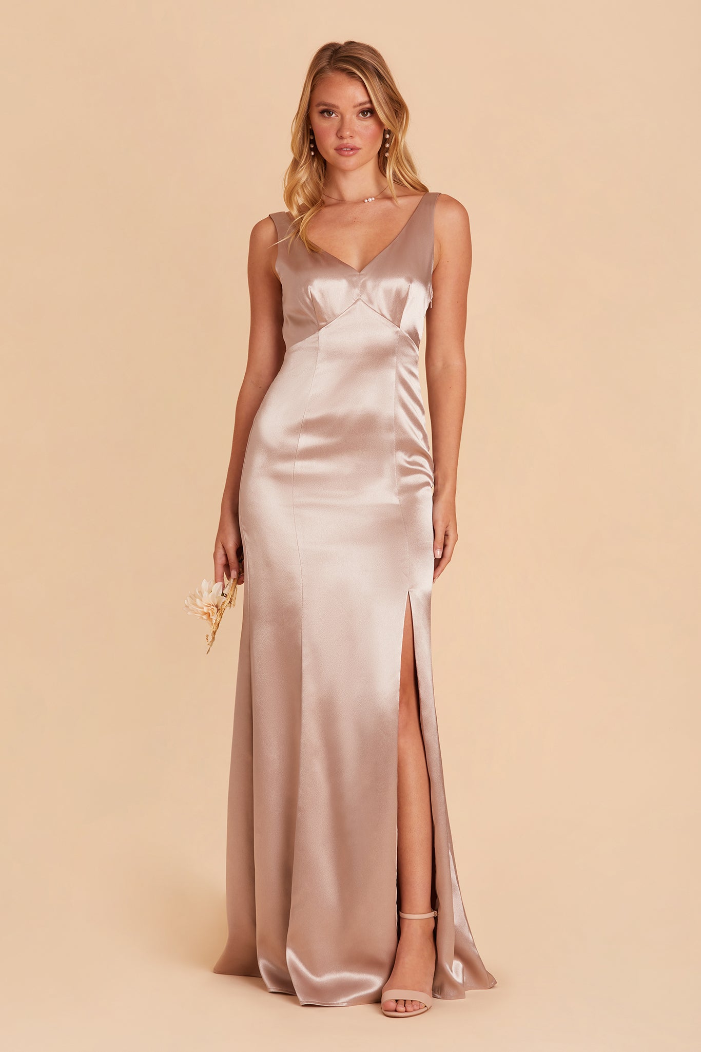 Gloria bridesmaid dress with slit in taupe satin by Birdy Grey, front view