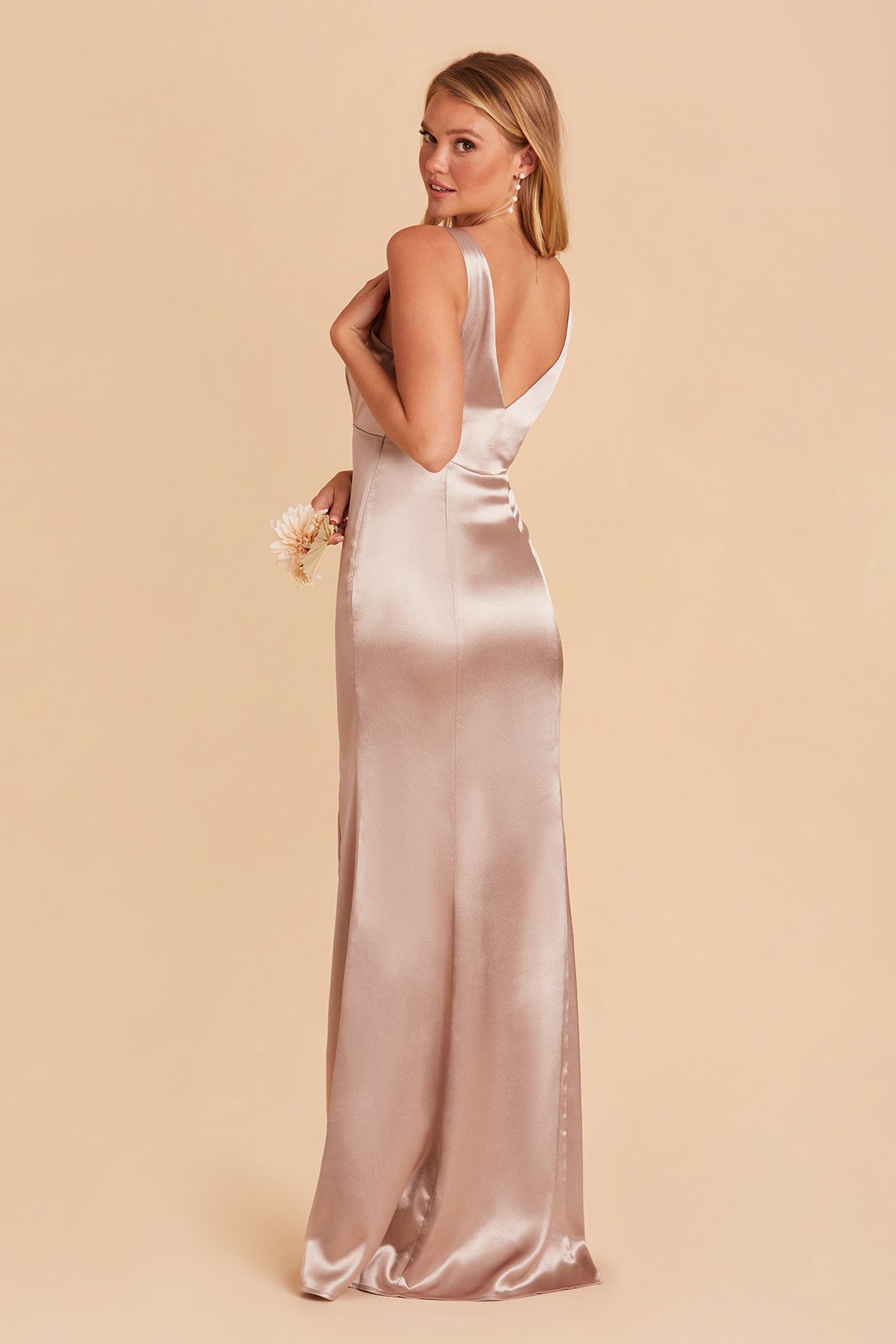 Gloria bridesmaid dress with slit in taupe satin by Birdy Grey, back view
