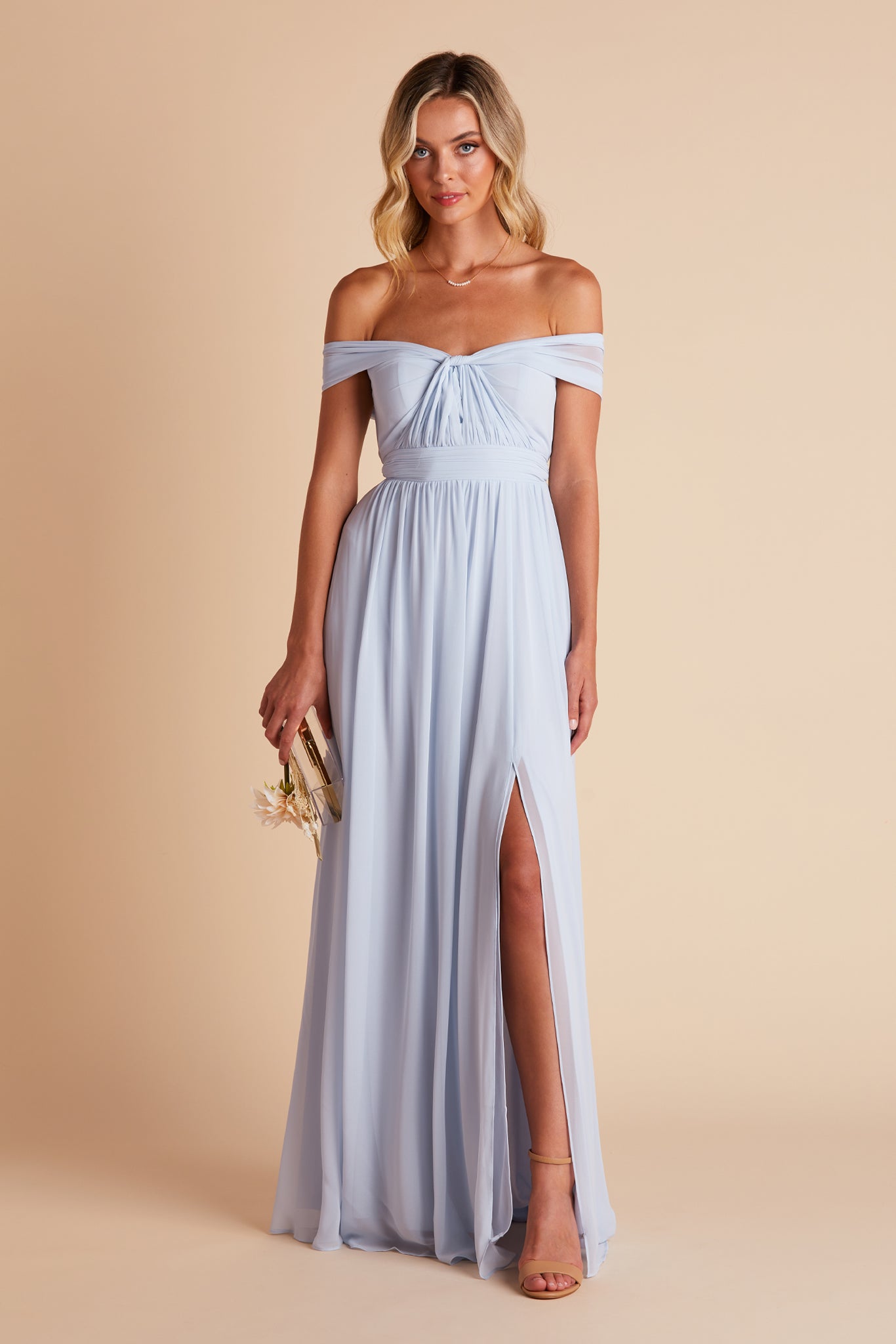 Grace convertible bridesmaid dress in ice blue chiffon by Birdy Grey, front view with hand in pocket