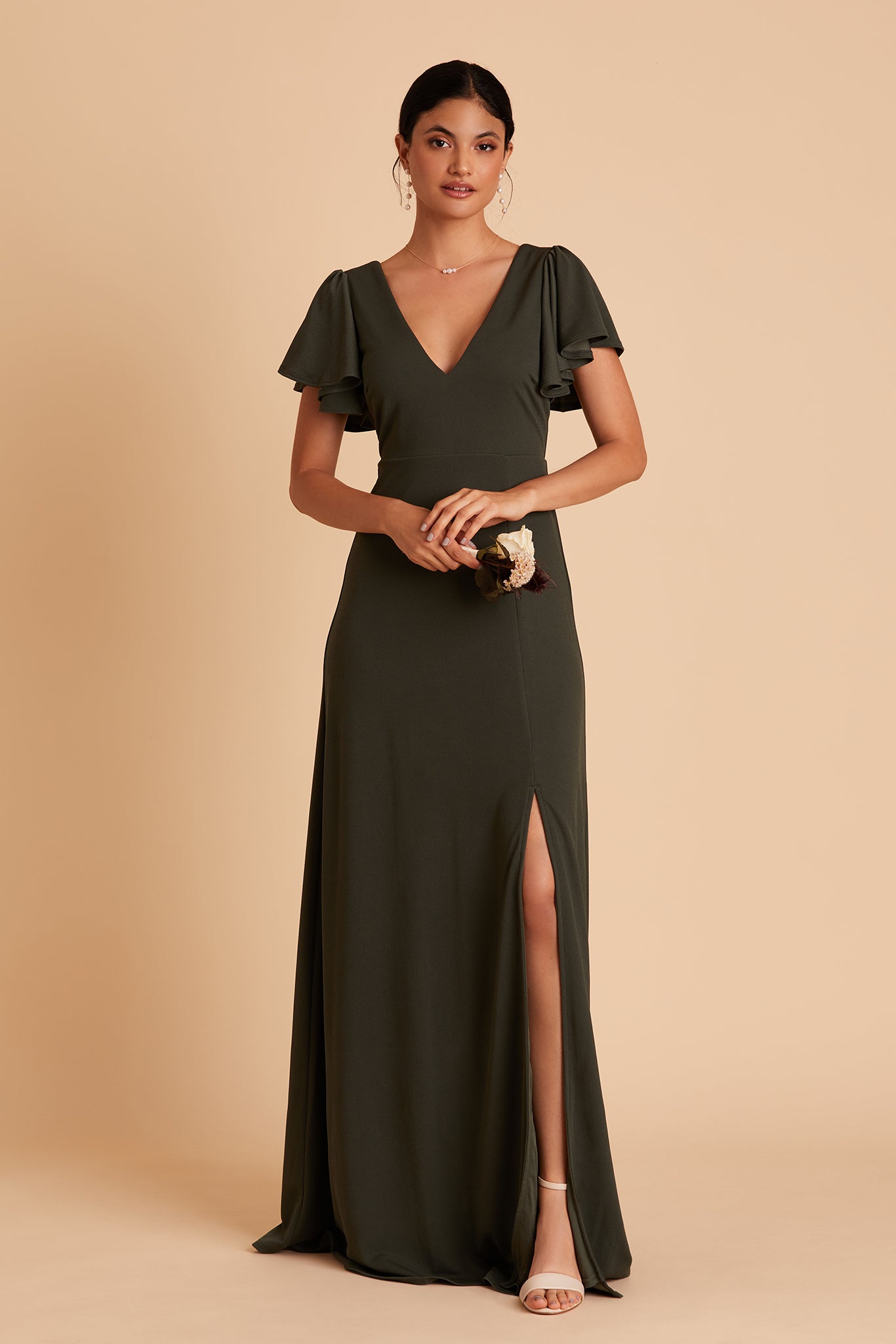 Hannah convertible bridesmaid dress with slit in olive crepe by Birdy Grey, front view