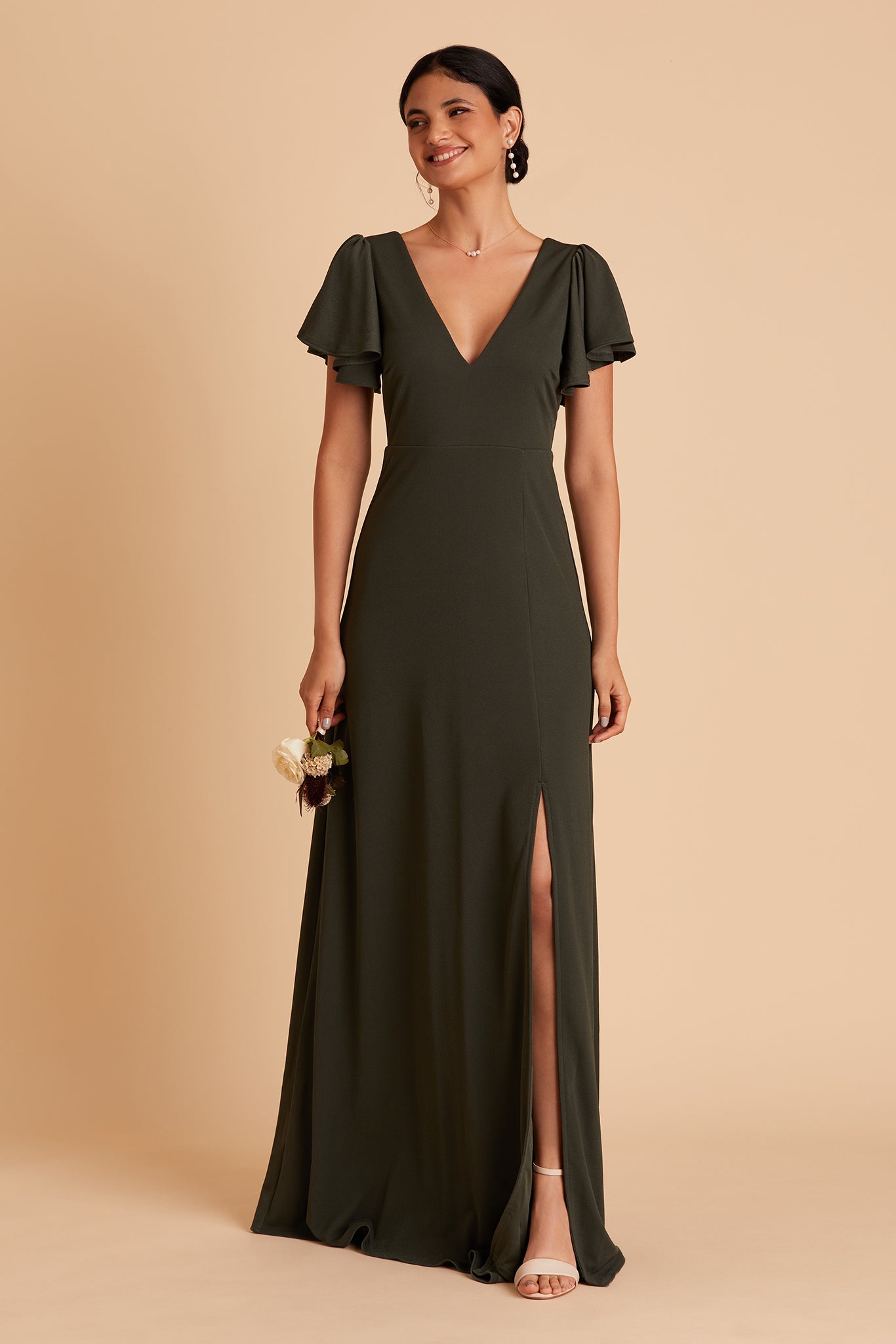 Hannah convertible bridesmaid dress with slit in olive crepe by Birdy Grey, front view