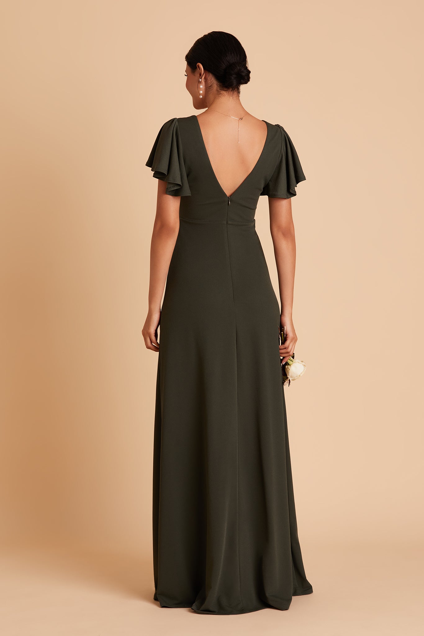 Hannah convertible bridesmaid dress with slit in olive crepe by Birdy Grey, back view