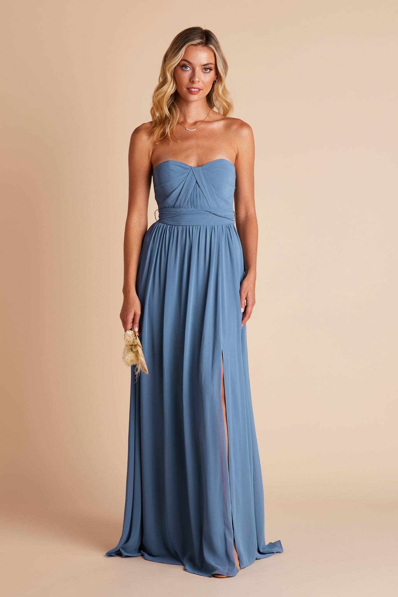 Grace convertible bridesmaid dress with slit in twilight blue chiffon by Birdy Grey, front view