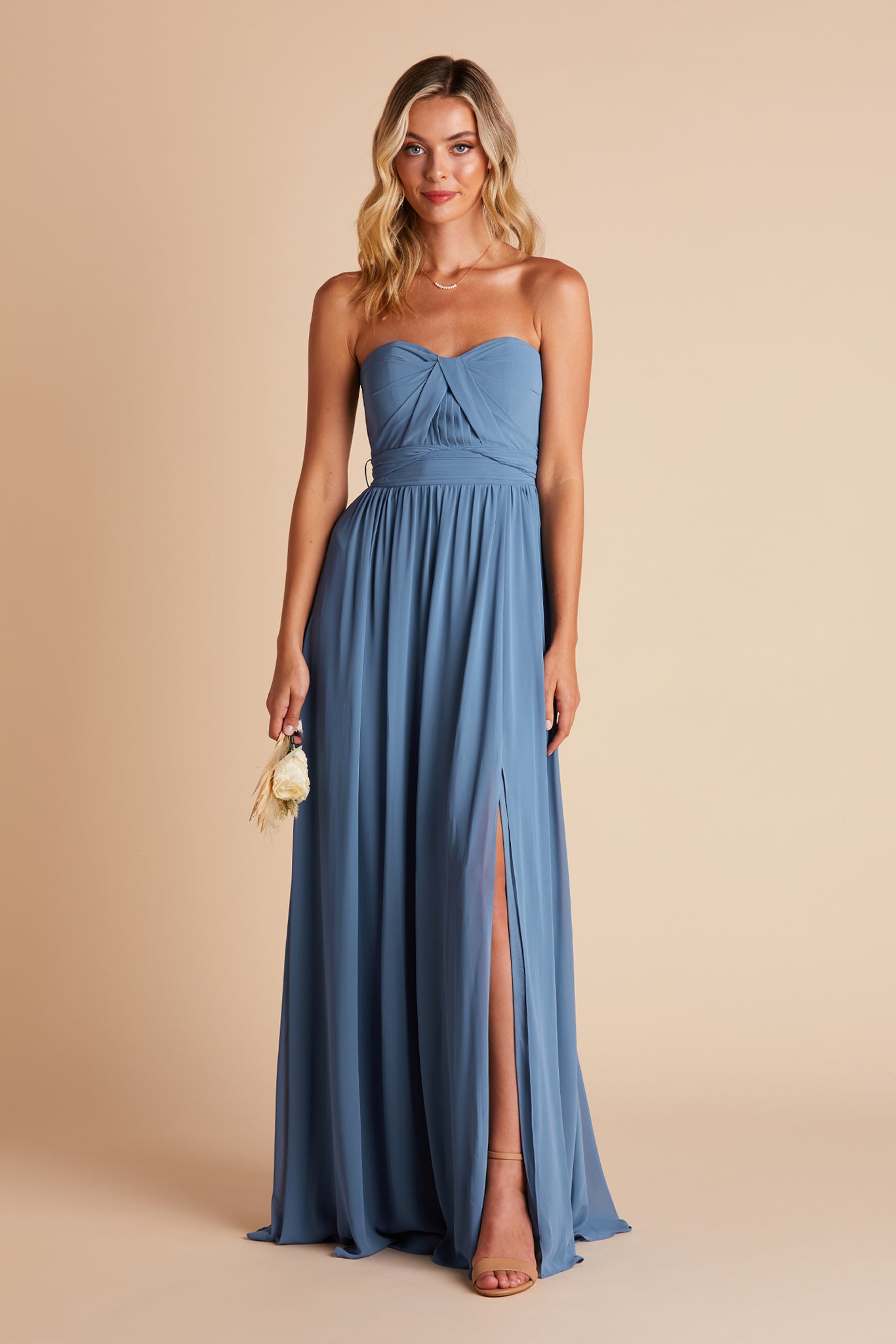 Grace convertible bridesmaid dress with slit in twilight blue chiffon by Birdy Grey, front view