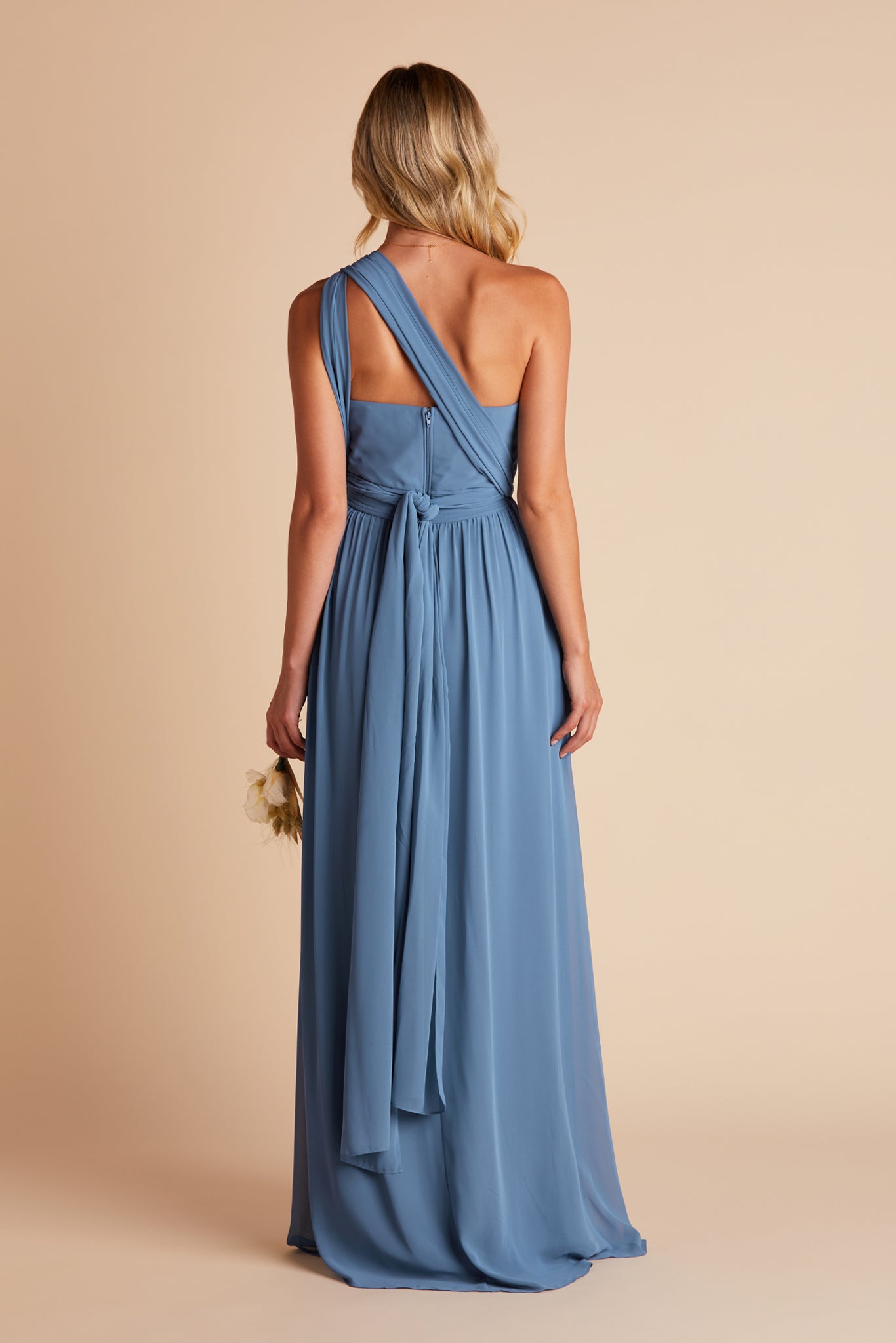 Grace convertible bridesmaid dress with slit in twilight blue chiffon by Birdy Grey, back view