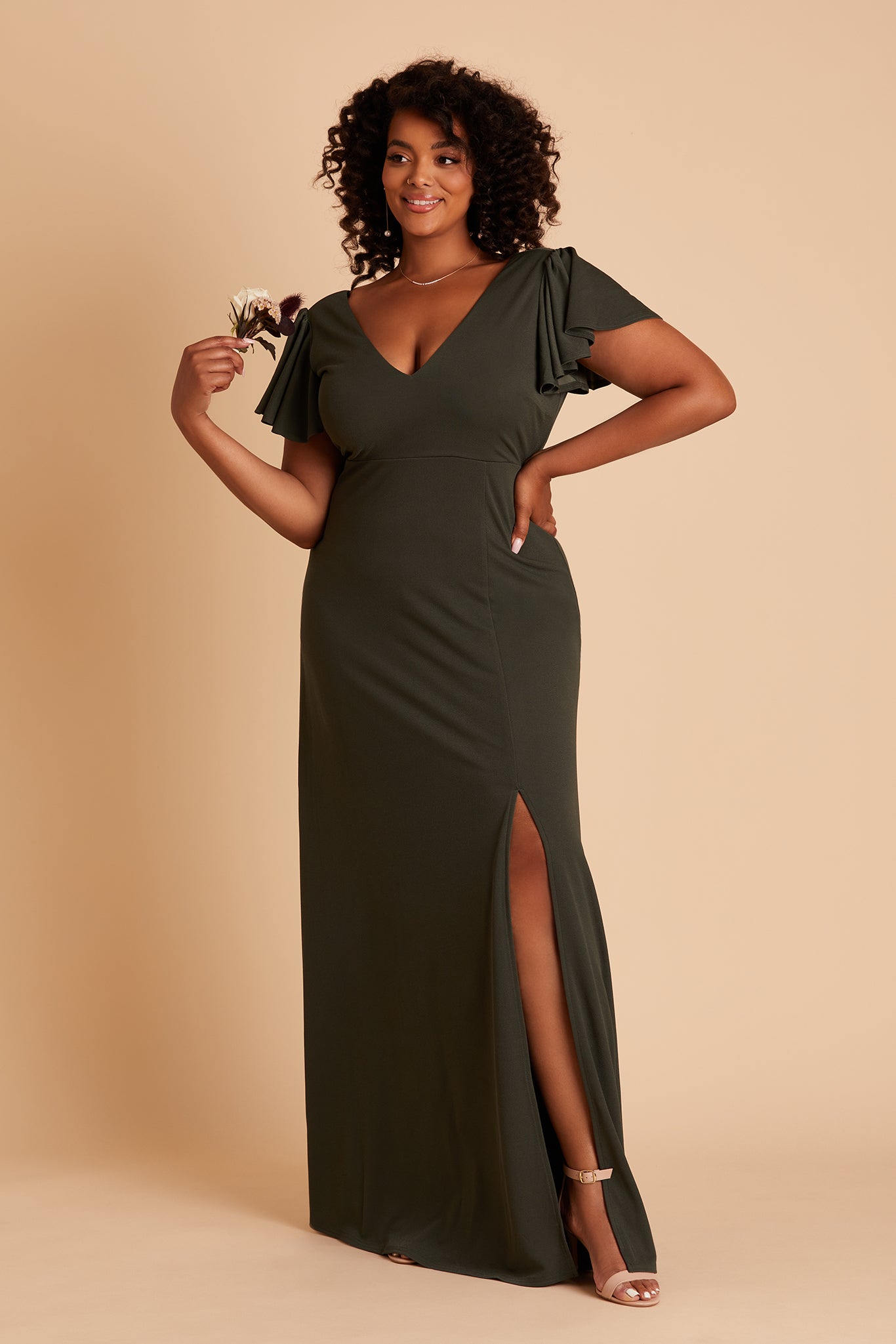 Hannah convertible plus size bridesmaid dress with slit in olive crepe by Birdy Grey, front view