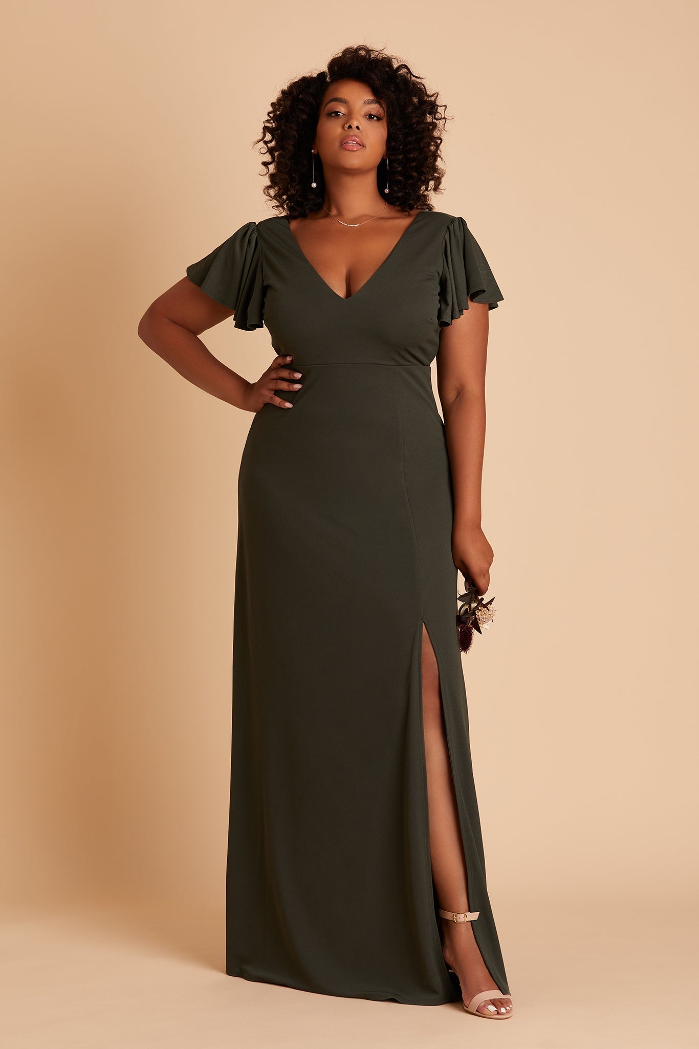 Hannah convertible plus size bridesmaid dress with slit in olive crepe by Birdy Grey, front view