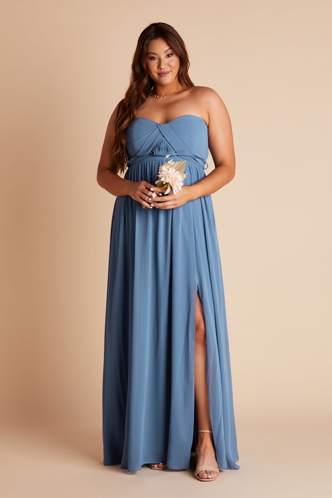 Grace convertible plus size bridesmaid dress with slit in twilight blue chiffon by Birdy Grey, front view