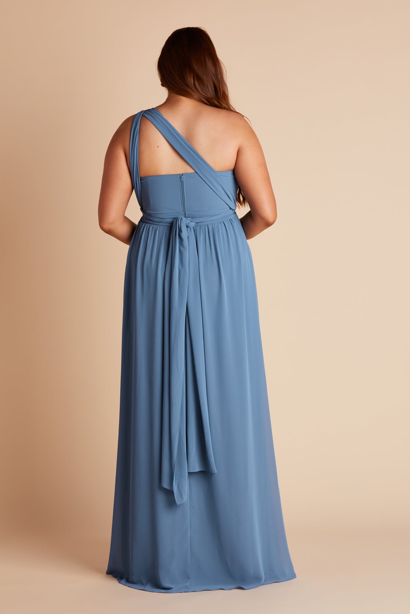 Grace convertible plus size bridesmaid dress with slit in twilight blue chiffon by Birdy Grey, back view