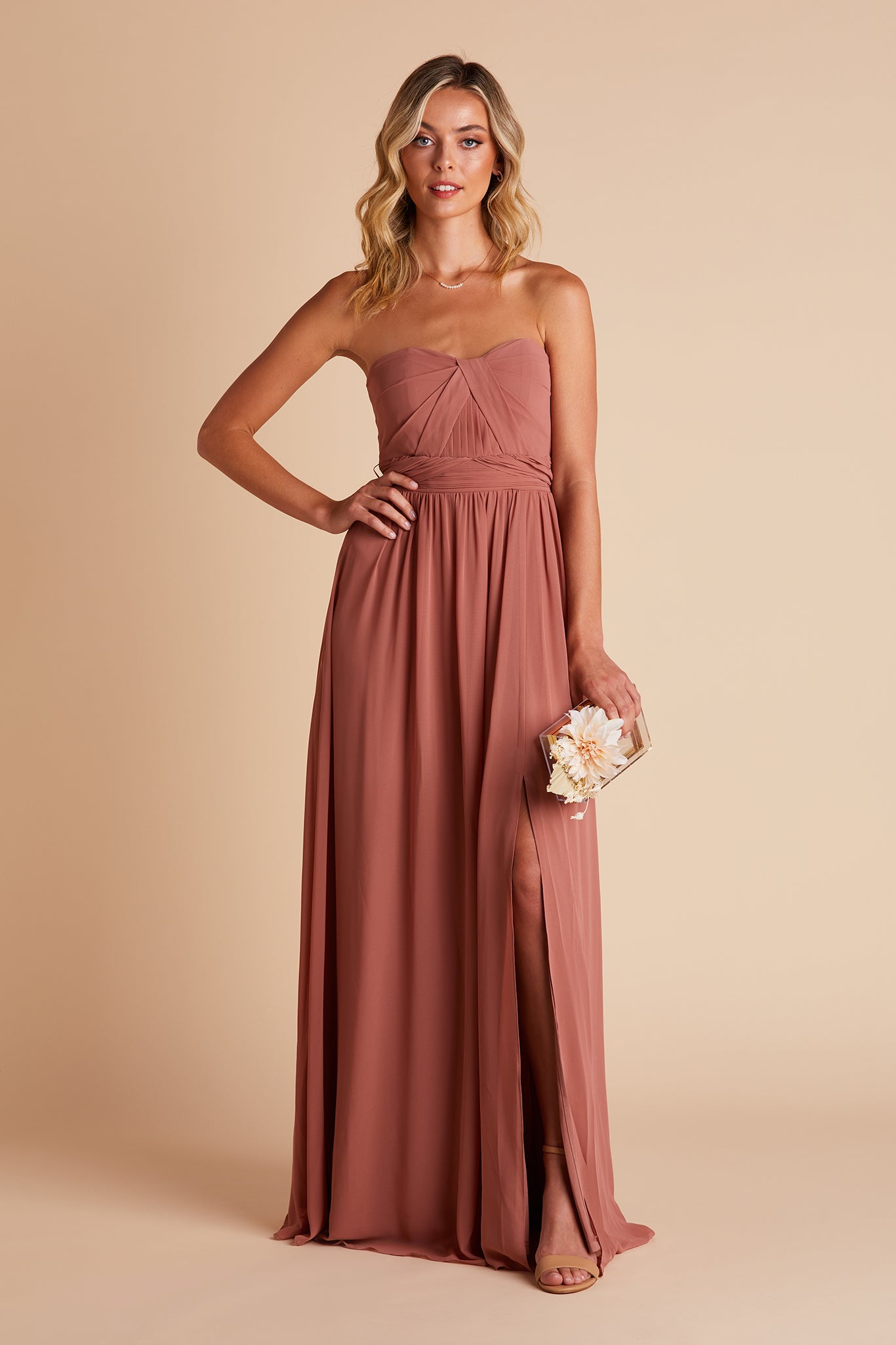 Grace convertible bridesmaid dress with slit in desert rose by Birdy Grey, front view