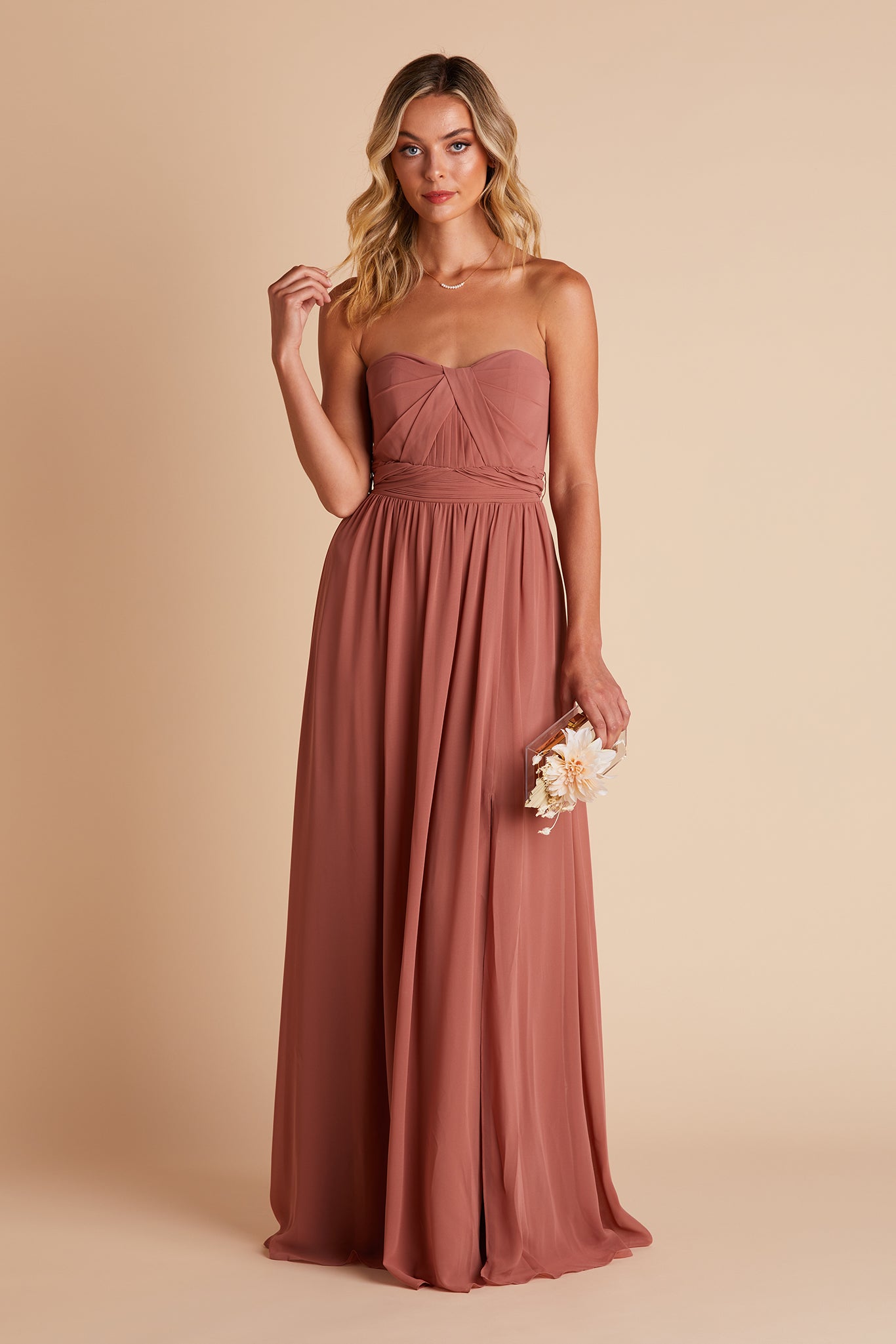 Grace convertible bridesmaid dress with slit in desert rose by Birdy Grey, front view