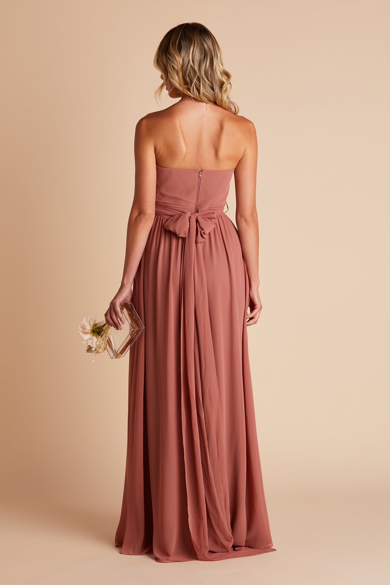 Grace convertible bridesmaid dress with slit in desert rose by Birdy Grey, back view
