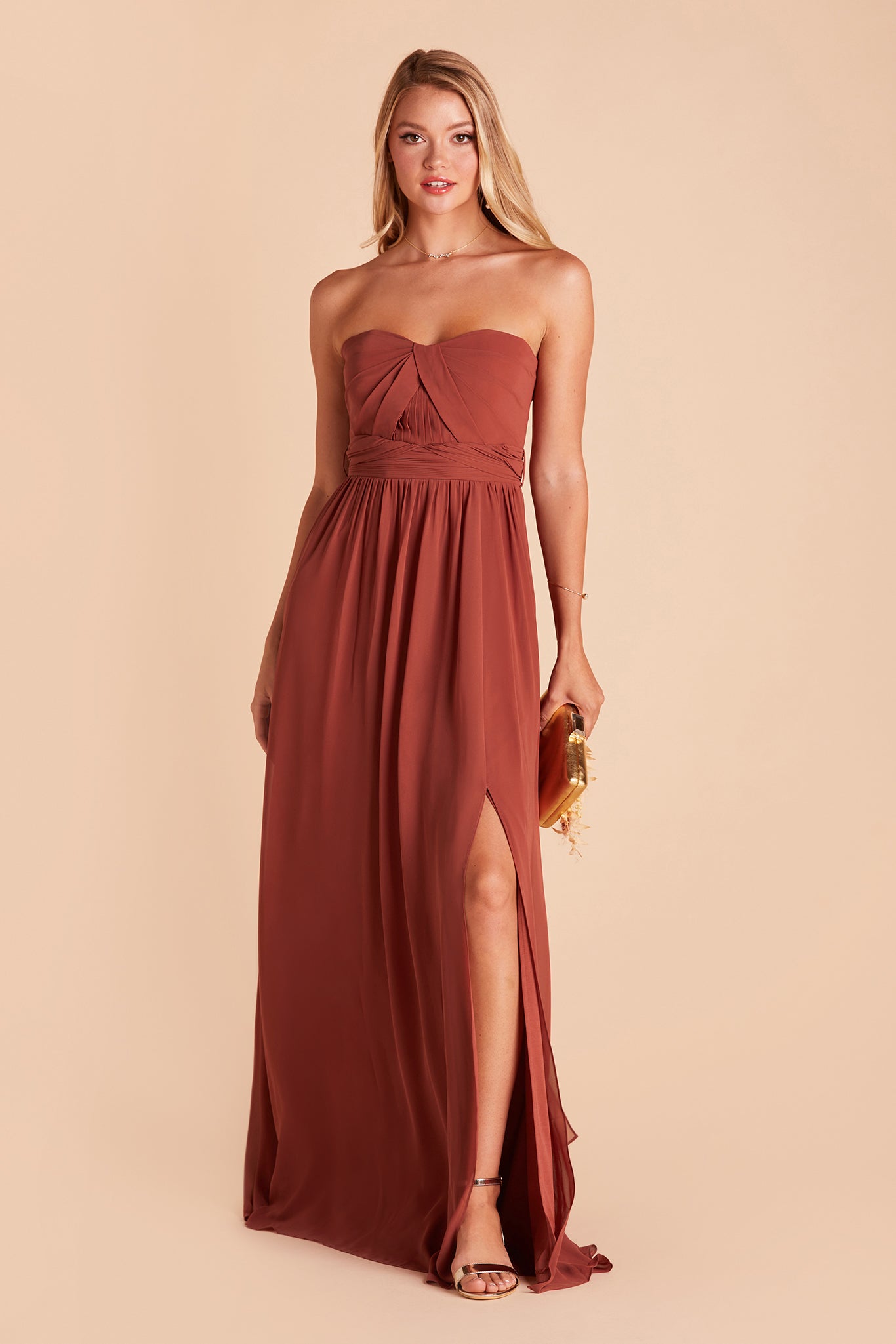 Grace convertible bridesmaid dress with slit in spice chiffon by Birdy Grey, front view